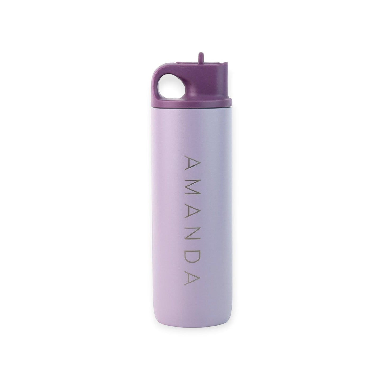 HouseEco personalised 500ml insulated metal water bottle in lilac with purple flip straw lid and carry handle.