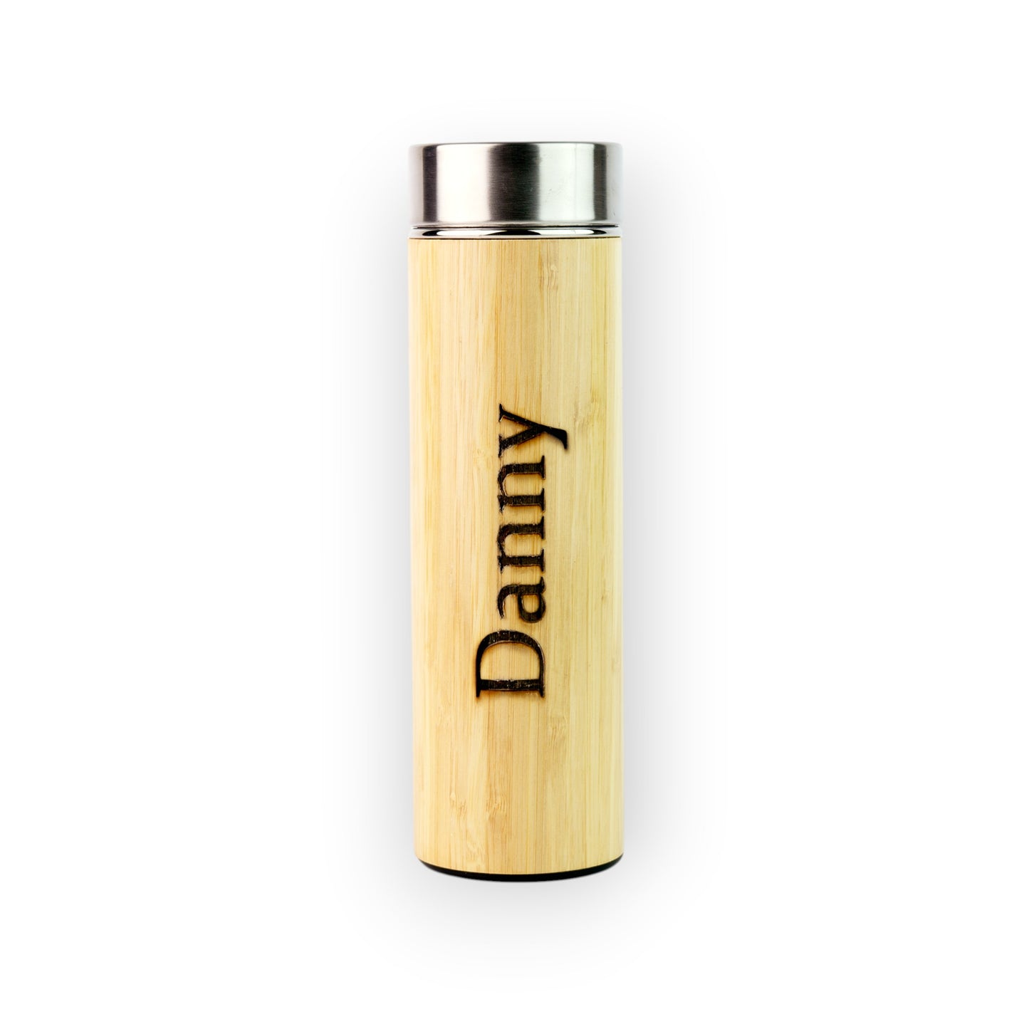 HouseEco personalised bamboo drink flask, 530ml, with stainless steel lid and engraved name 'Danny'.