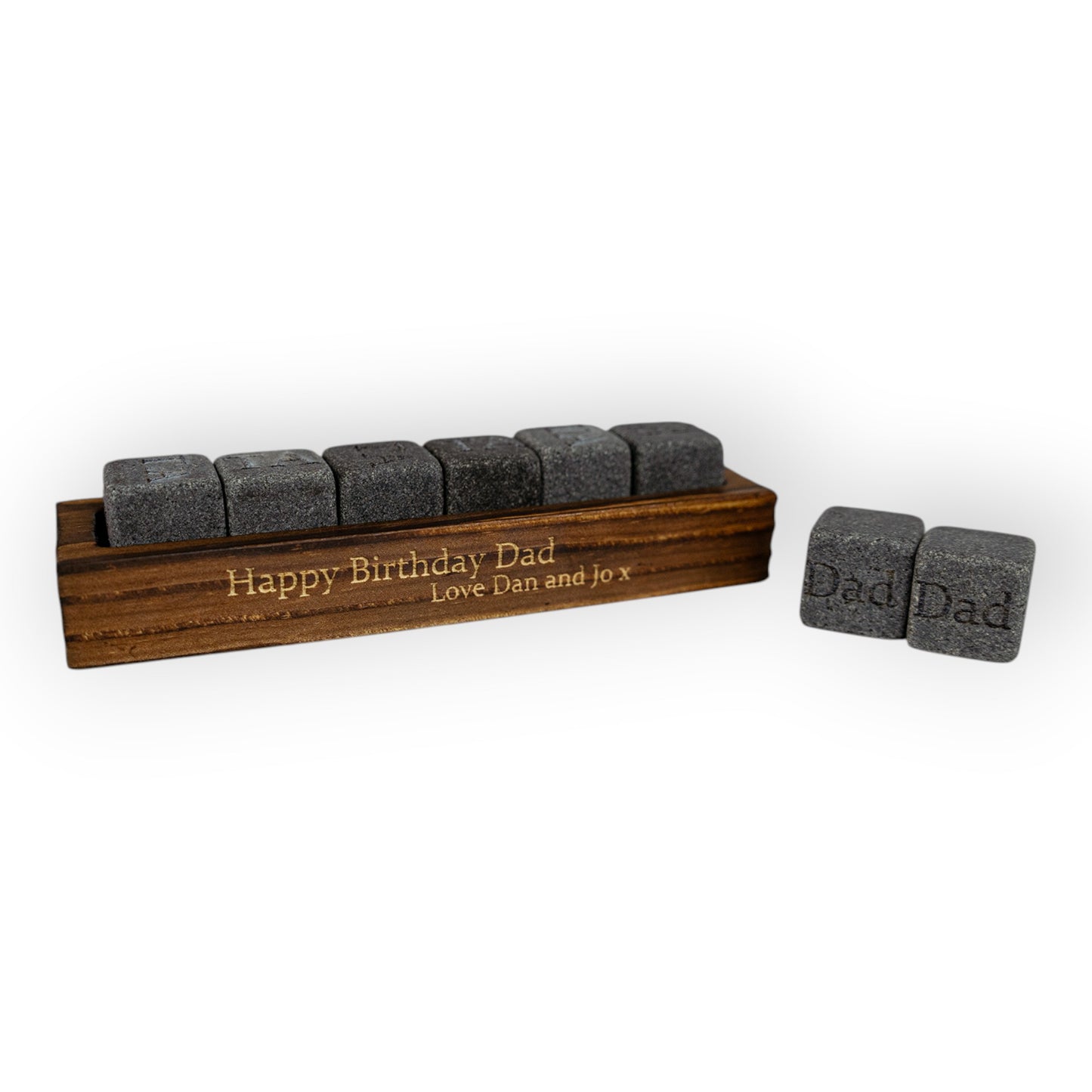 HouseEco personalised granite whiskey stones set with engraved wooden base, ideal for birthdays and Father's Day.