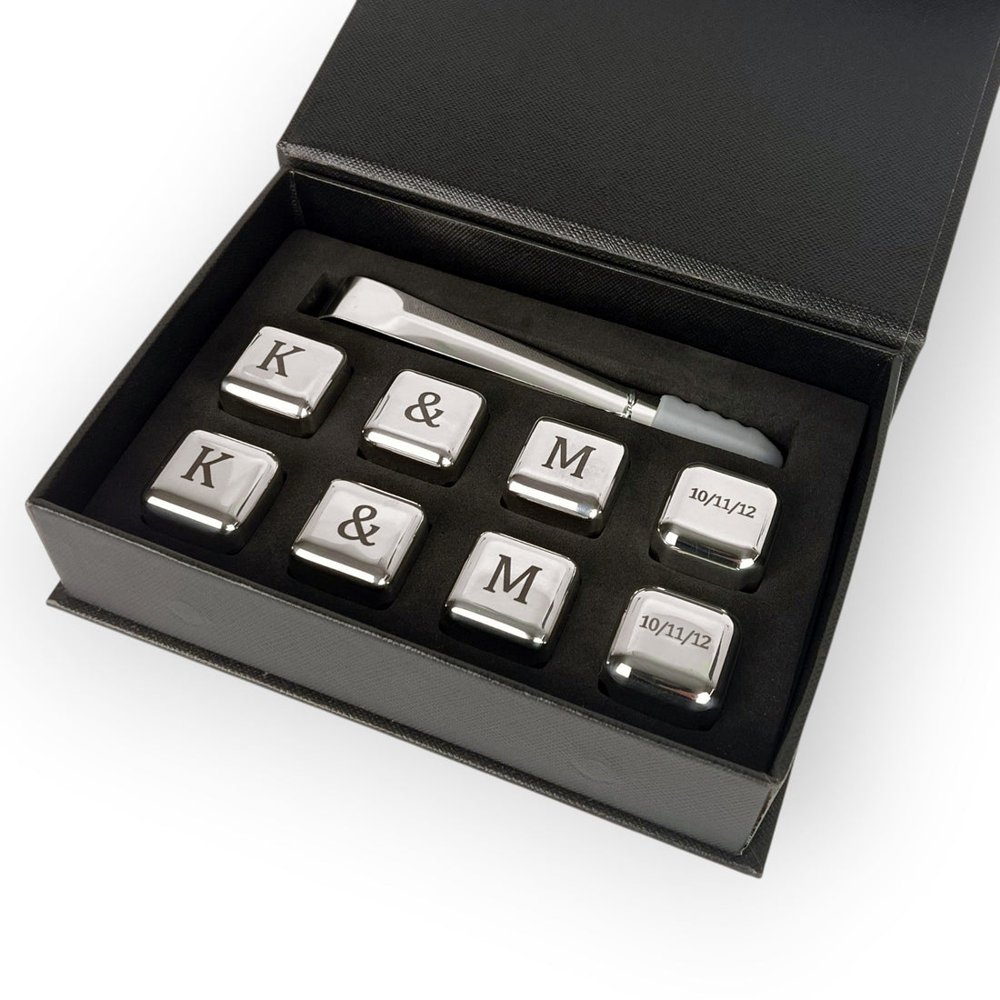 Engraved whisky stones gift set with tongs and box