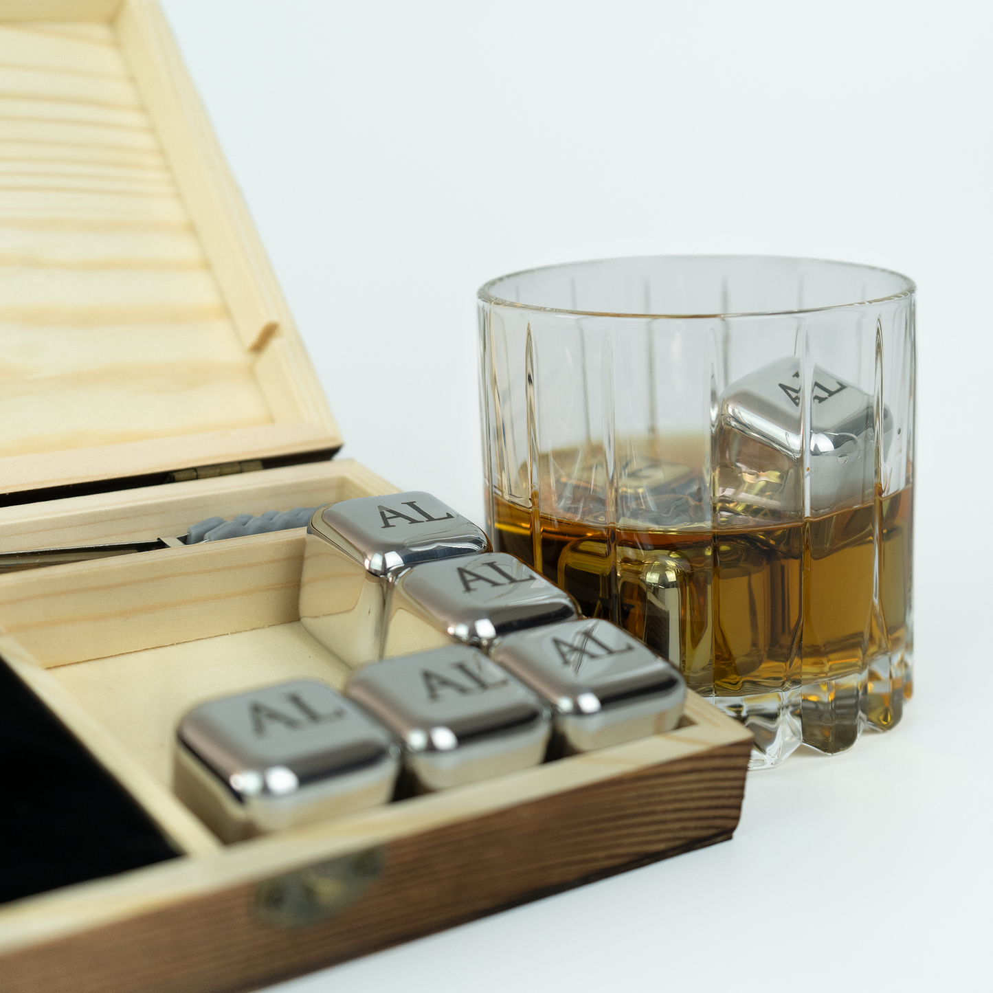 Personalised Whiskey Stones Set: Engraved Ice Cubes in Wooden Box