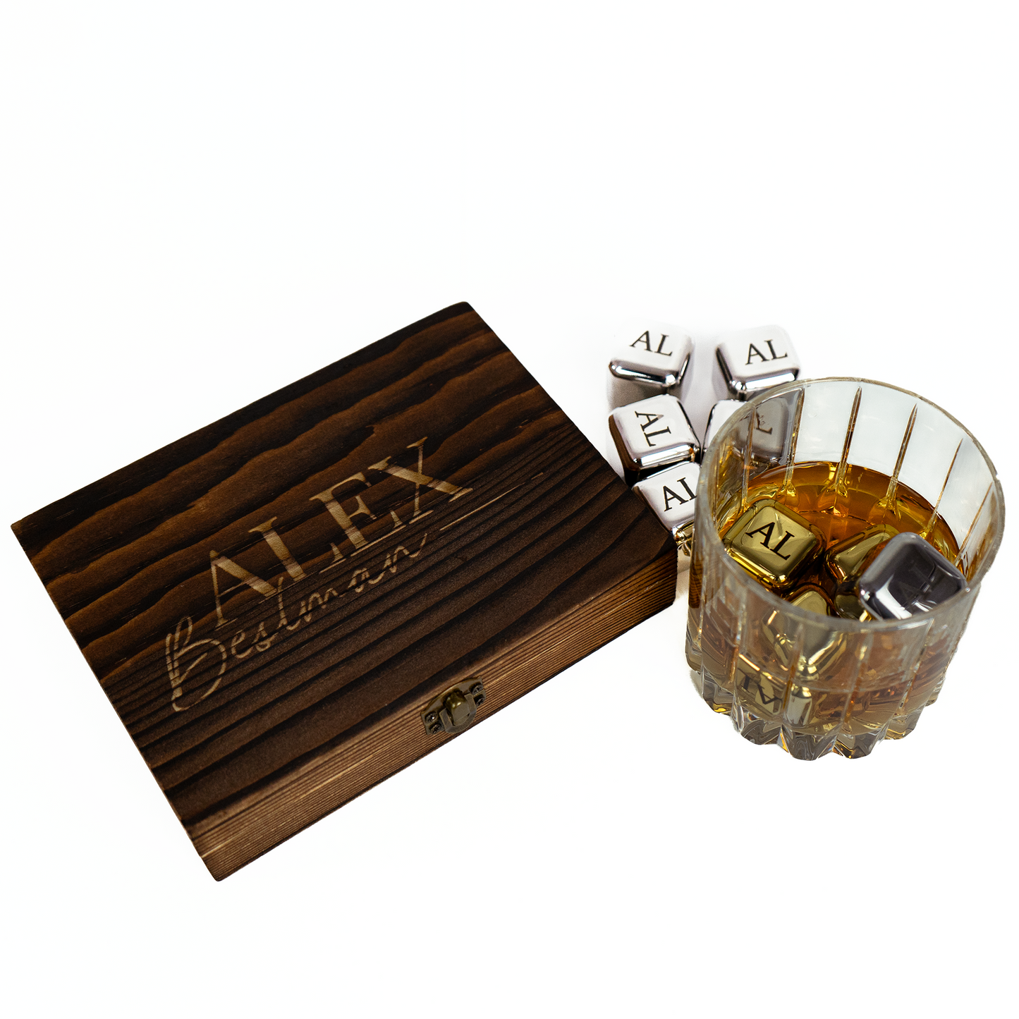 Personalised Whiskey Stones Set: Engraved Ice Cubes in Wooden Box