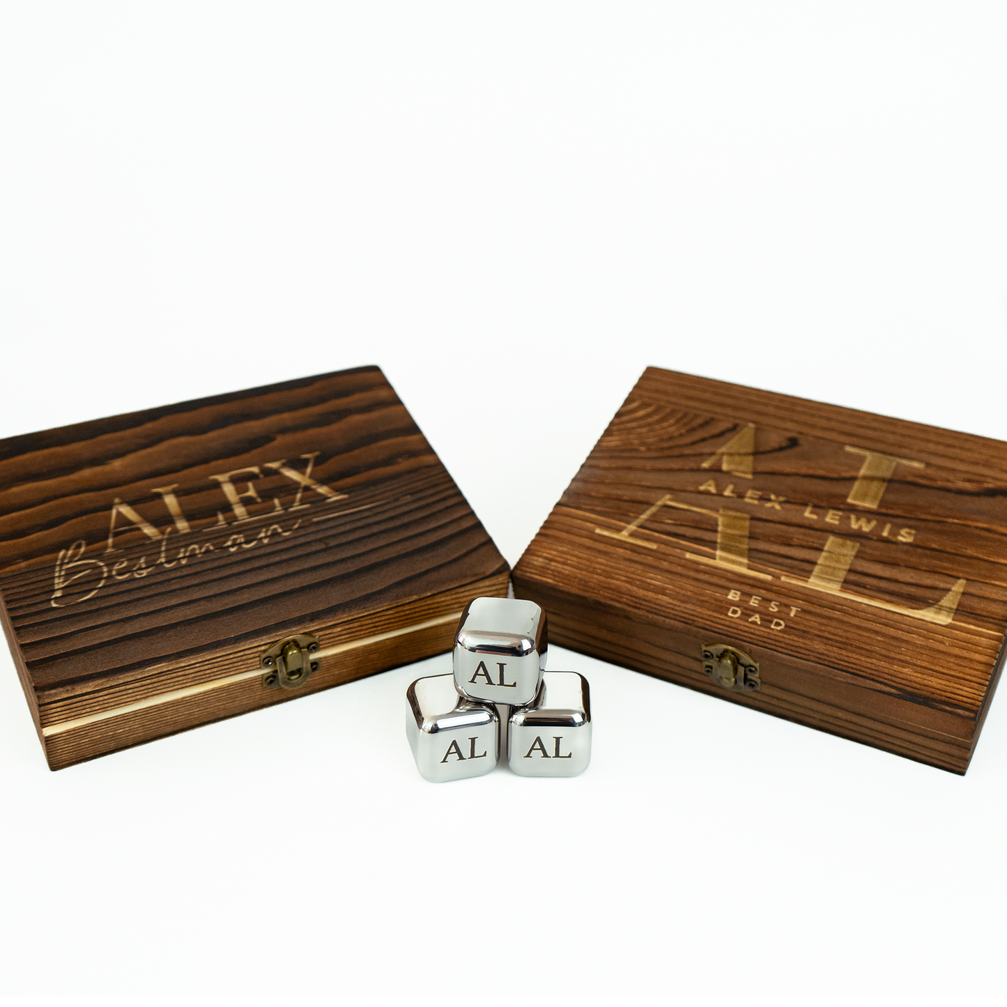 Personalised Whiskey Stones Set: Engraved Ice Cubes in Wooden Box