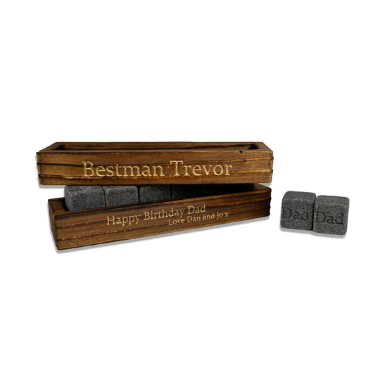 Personalised Whiskey Stones Set with Engraved Wooden Base