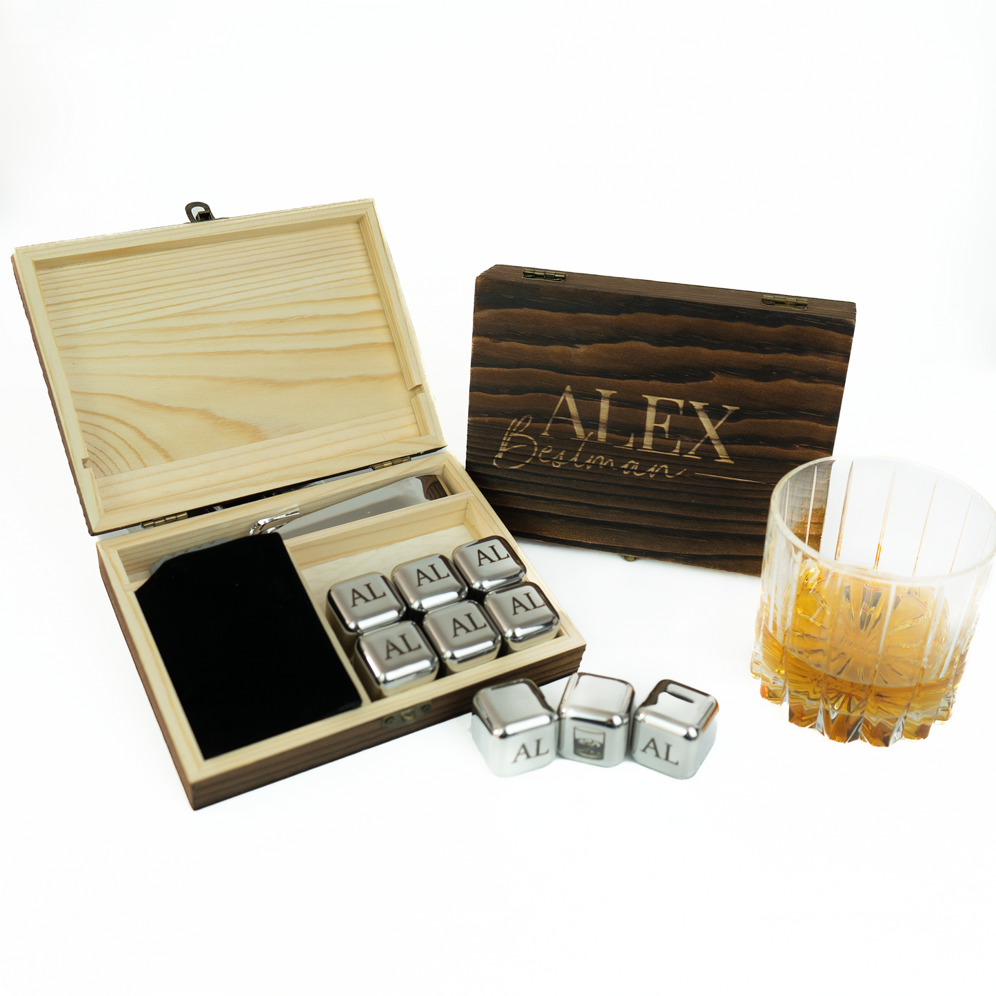 Personalised Whiskey Stones Set: Engraved Ice Cubes in Wooden Box