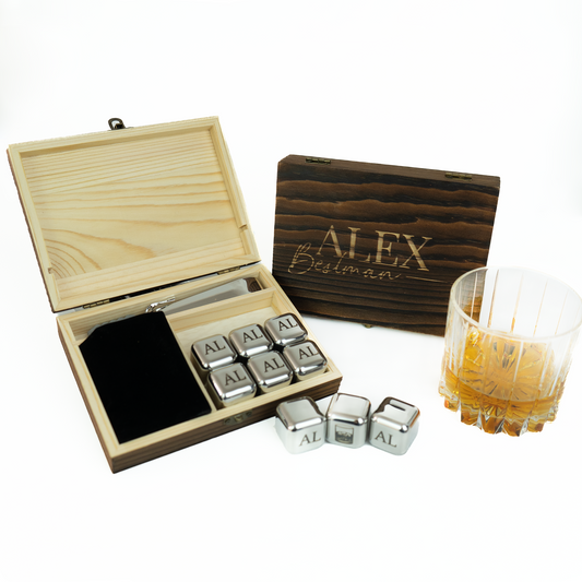 Personalised Whiskey Stones Set: Engraved Ice Cubes in Wooden Box