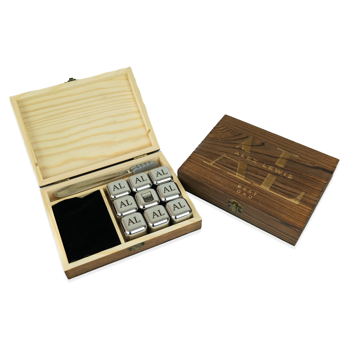 Personalised Whiskey Stones Set: Engraved Ice Cubes in Wooden Box