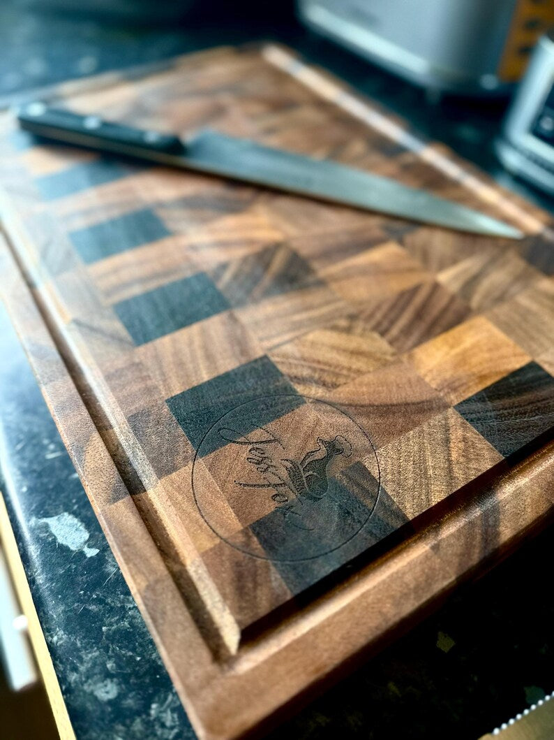 Business logo on a walnut board