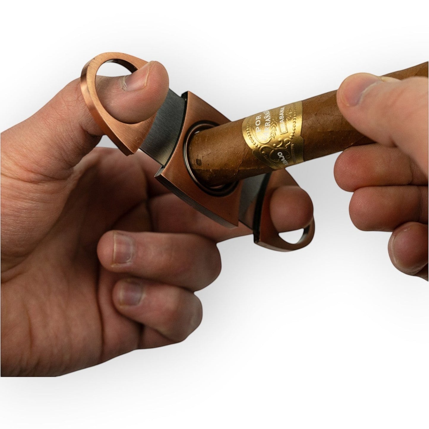 House of Eco stainless steel cigar cutter with copper finish, featuring precision blades and a 22mm hole. Includes gift box.