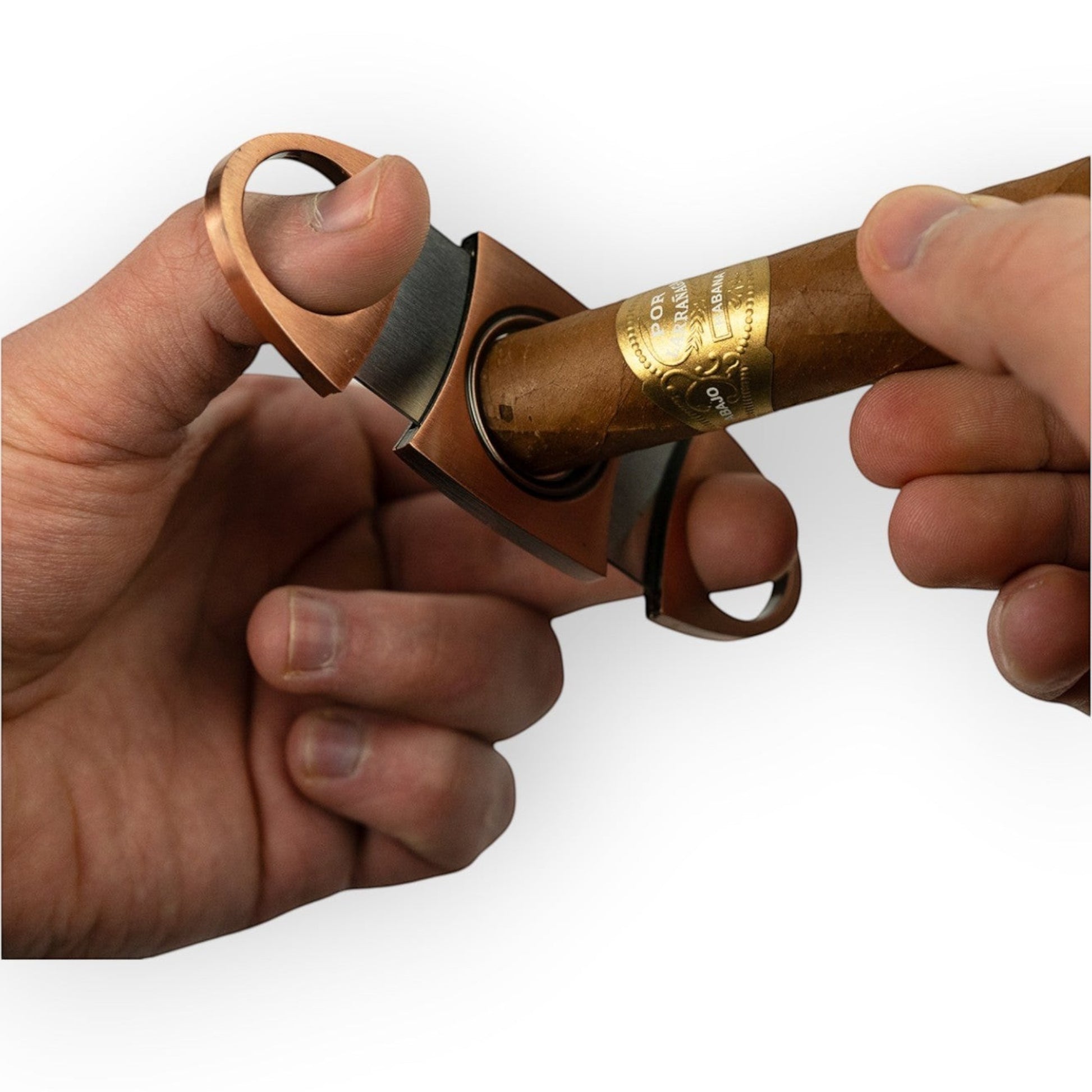 House of Eco stainless steel cigar cutter with copper finish, featuring precision blades and a 22mm hole. Includes gift box.
