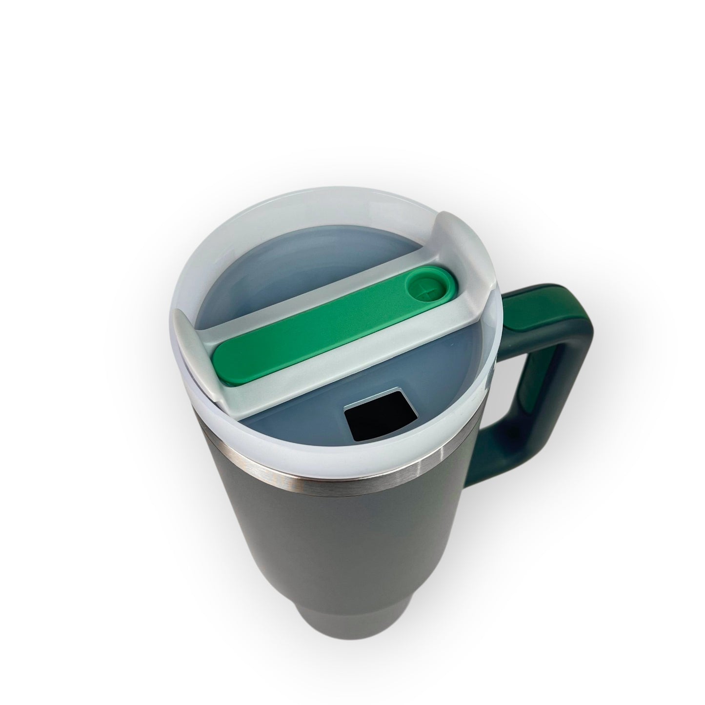 HouseEco 1.2L dark grey stainless steel travel mug with green handle and straw lid, insulated for hot or cold drinks.