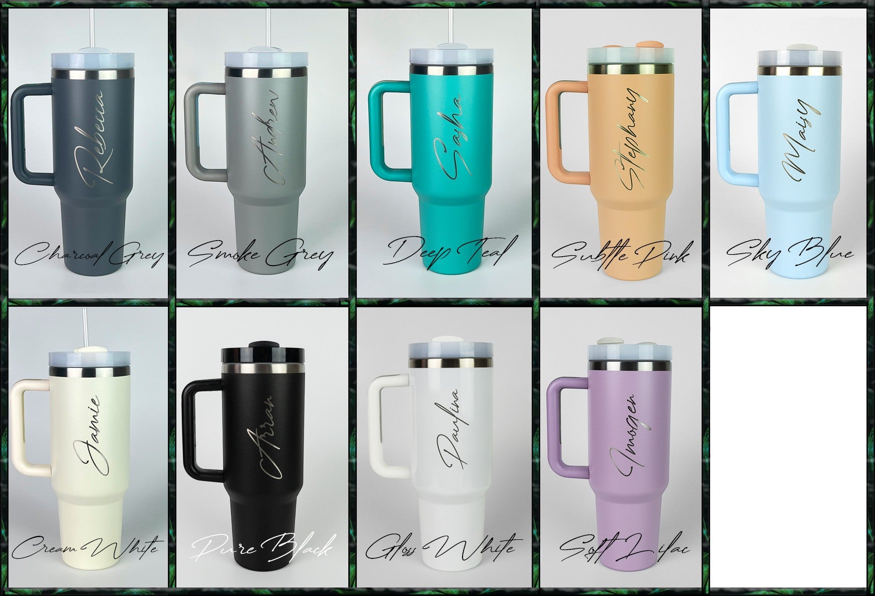 HouseEco 1.2L stainless steel insulated travel mug with handle and straw, available in multiple colours. Personalised with engraved name.