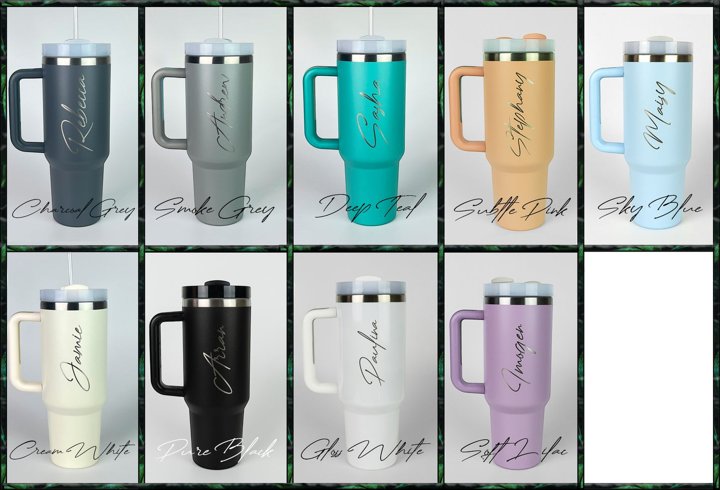 HouseEco 1.2L stainless steel travel mug with handle and straw, available in multiple colours. Personalised with engraved names.