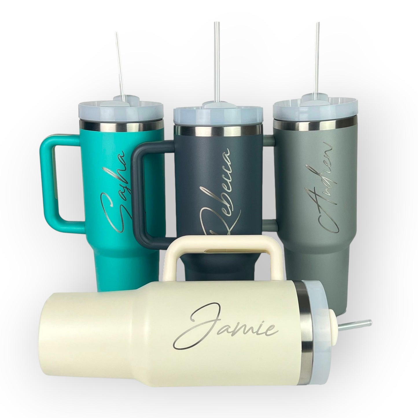 HouseEco personalised 1.2L stainless steel travel mug with handle and straw in teal, navy, grey, and cream.