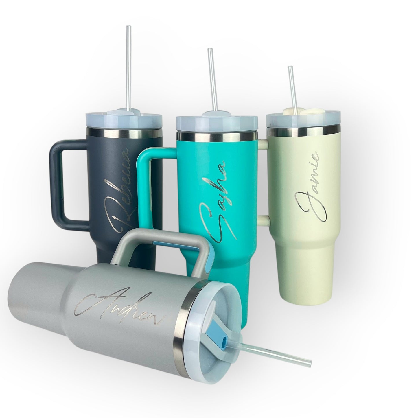 HouseEco 1.2L stainless steel travel mug with handle and straw, available in grey, navy, teal, and cream. Personalised with engraved names.