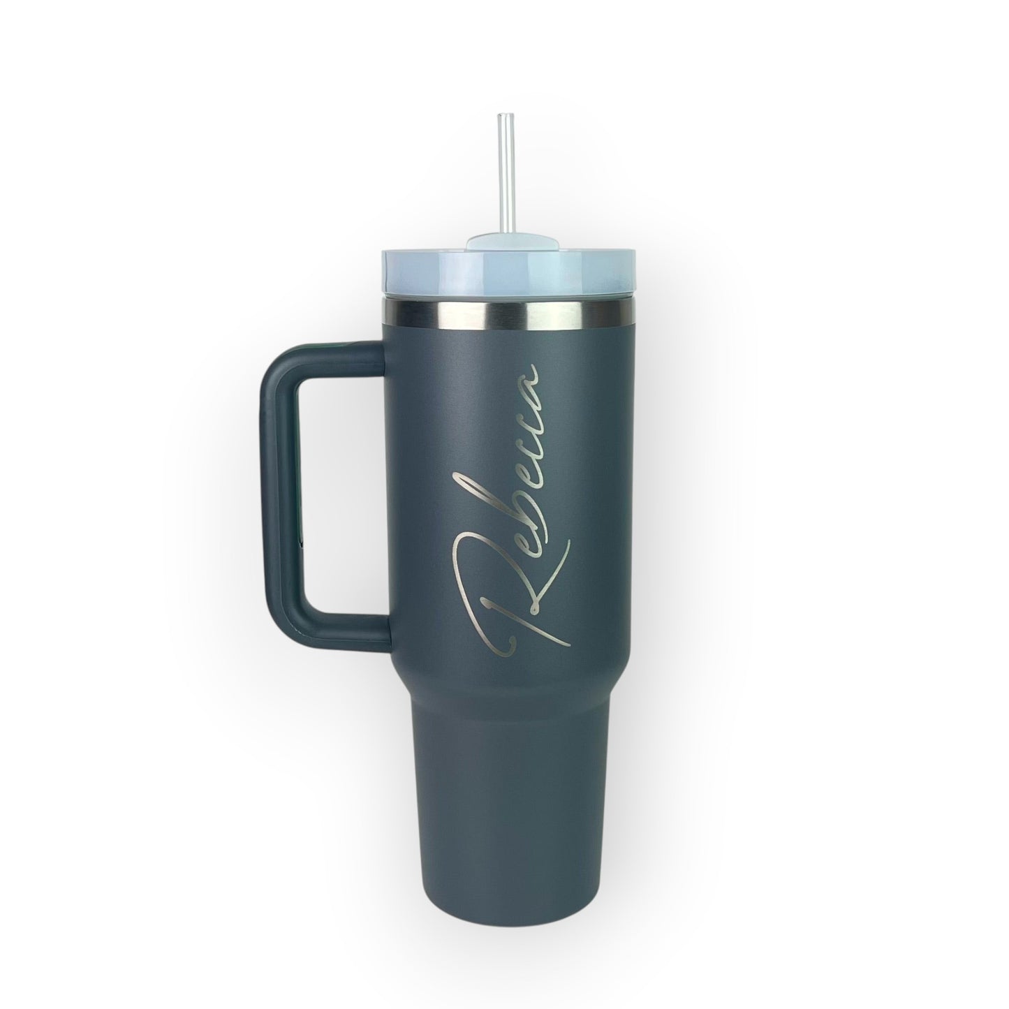 HouseEco dark grey stainless steel 1.2L travel mug with handle, straw, and personalised name engraving.