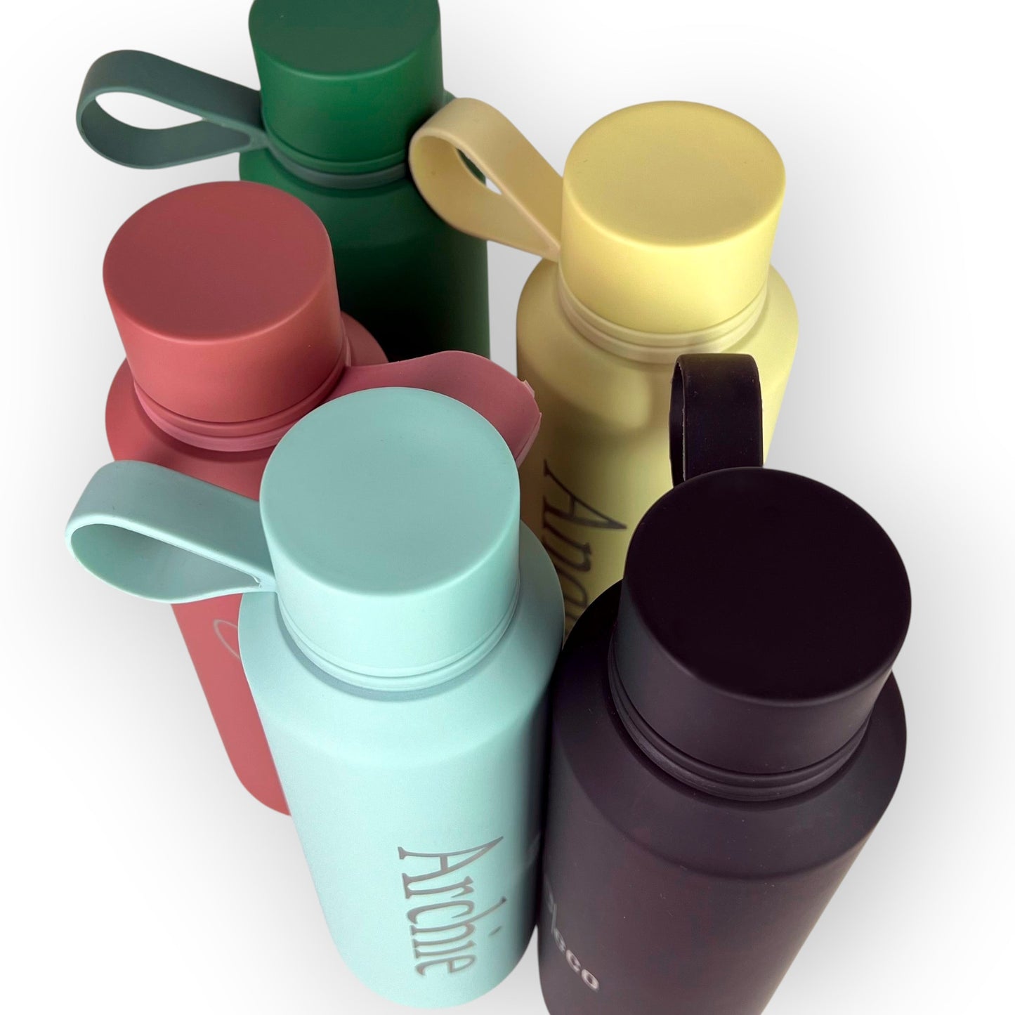 HouseEco 600ml insulated water bottle in pastel colours with soft-touch finish and silicone carry handle. Personalised with names.
