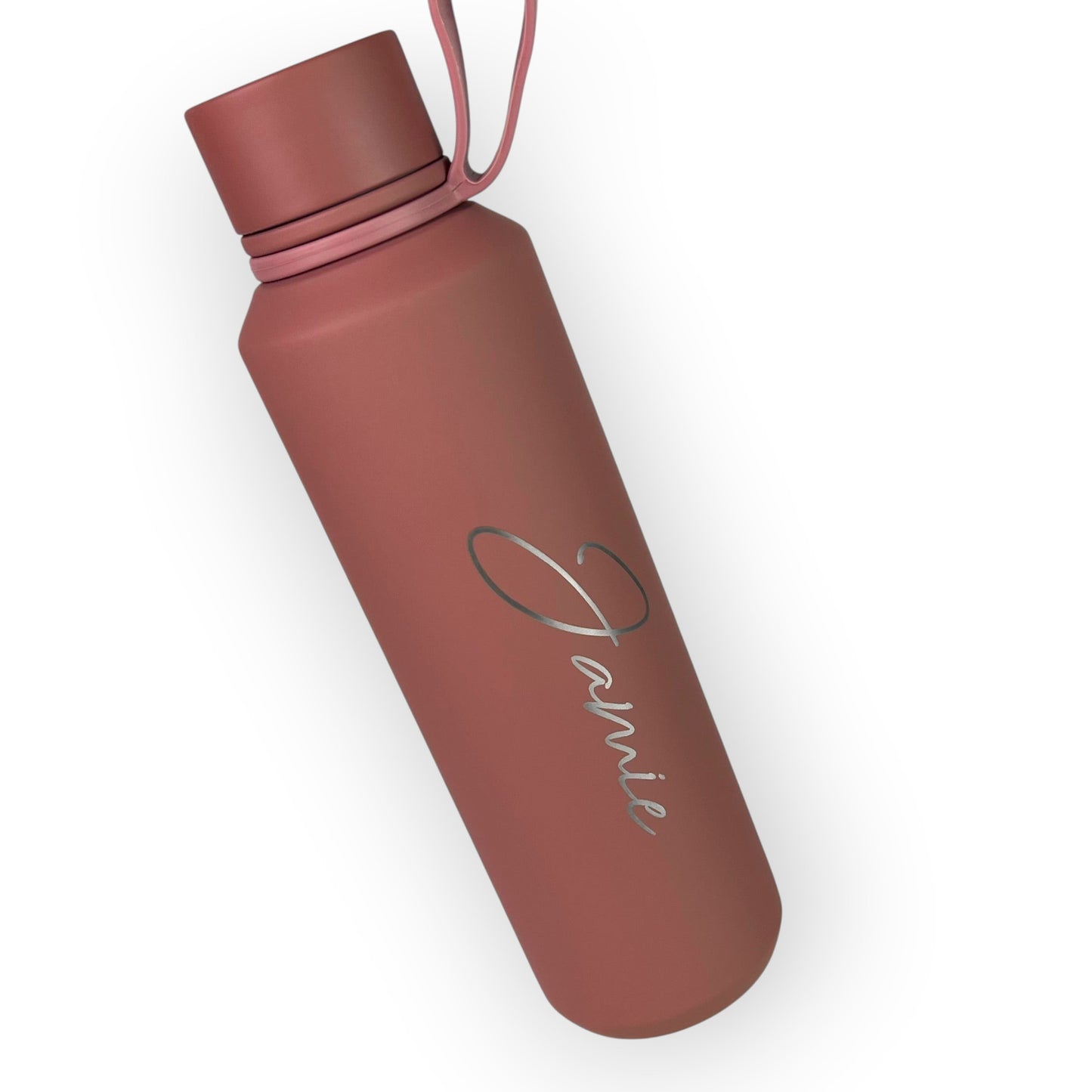 HouseEco personalised 600ml matte rose insulated water bottle with silicone carry handle and name engraving.
