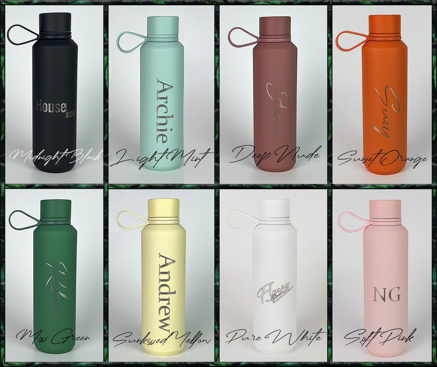 HouseEco 600ml soft-touch insulated water bottle with silicone carry handle in Midnight Black, Light Mint, Deep Nude, Sunset Orange, Moss Green, Sunkissed Mellow, Pure White, and Soft Pink.