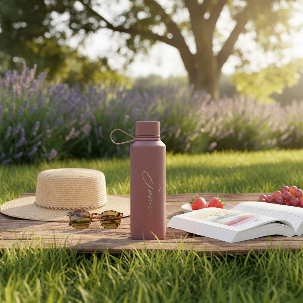 HouseEco 600ml matte rose insulated water bottle with silicone carry handle and personalised name.