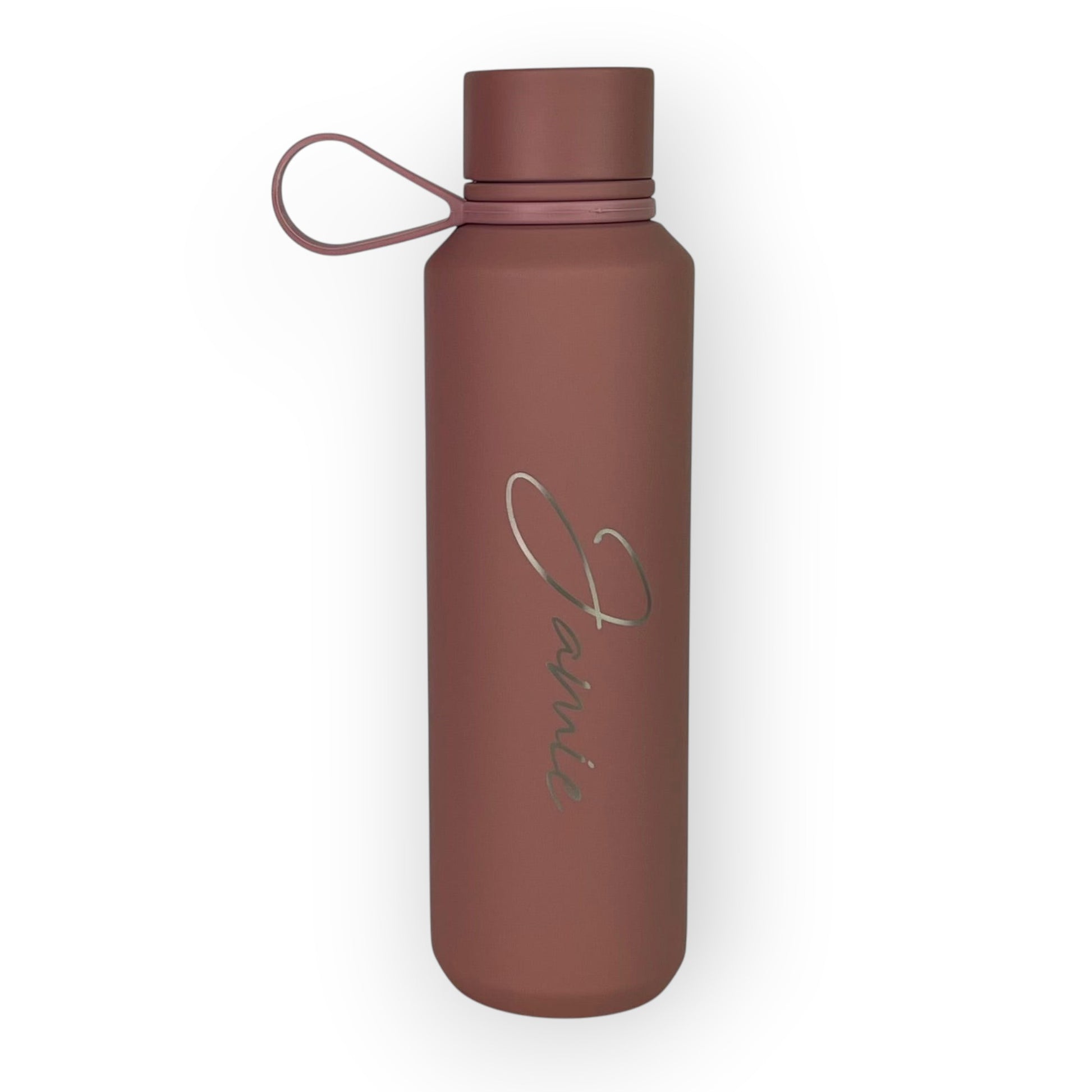 HouseEco 600ml matte rose insulated water bottle with silicone carry handle and personalised text.
