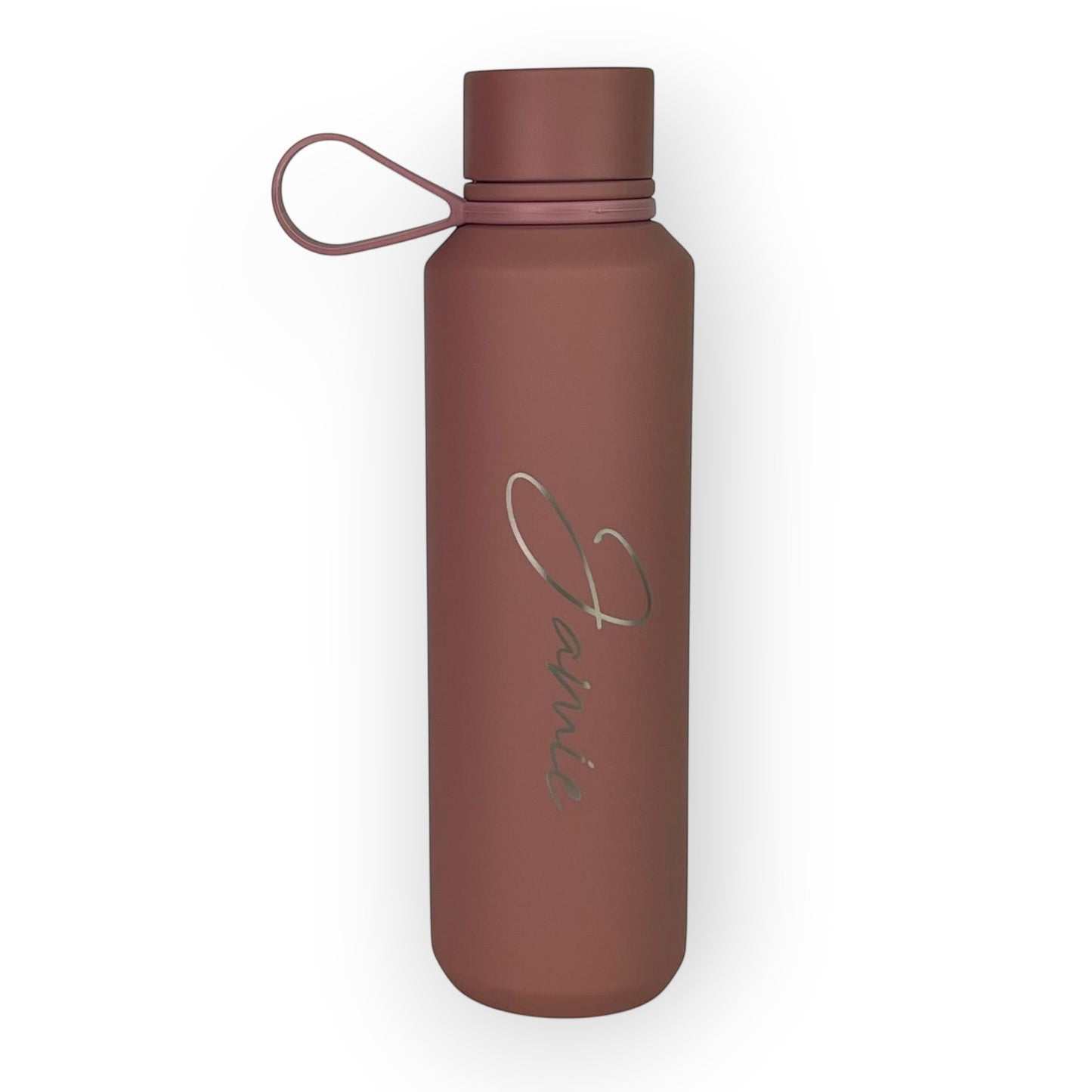 HouseEco 600ml matte rose insulated water bottle with silicone carry handle and personalised name.