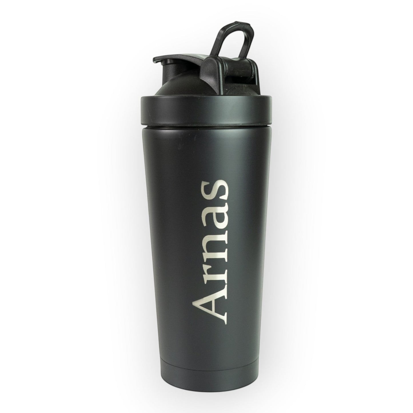 HouseEco black 750ML insulated metal protein shaker with engraved name and leakproof lid.