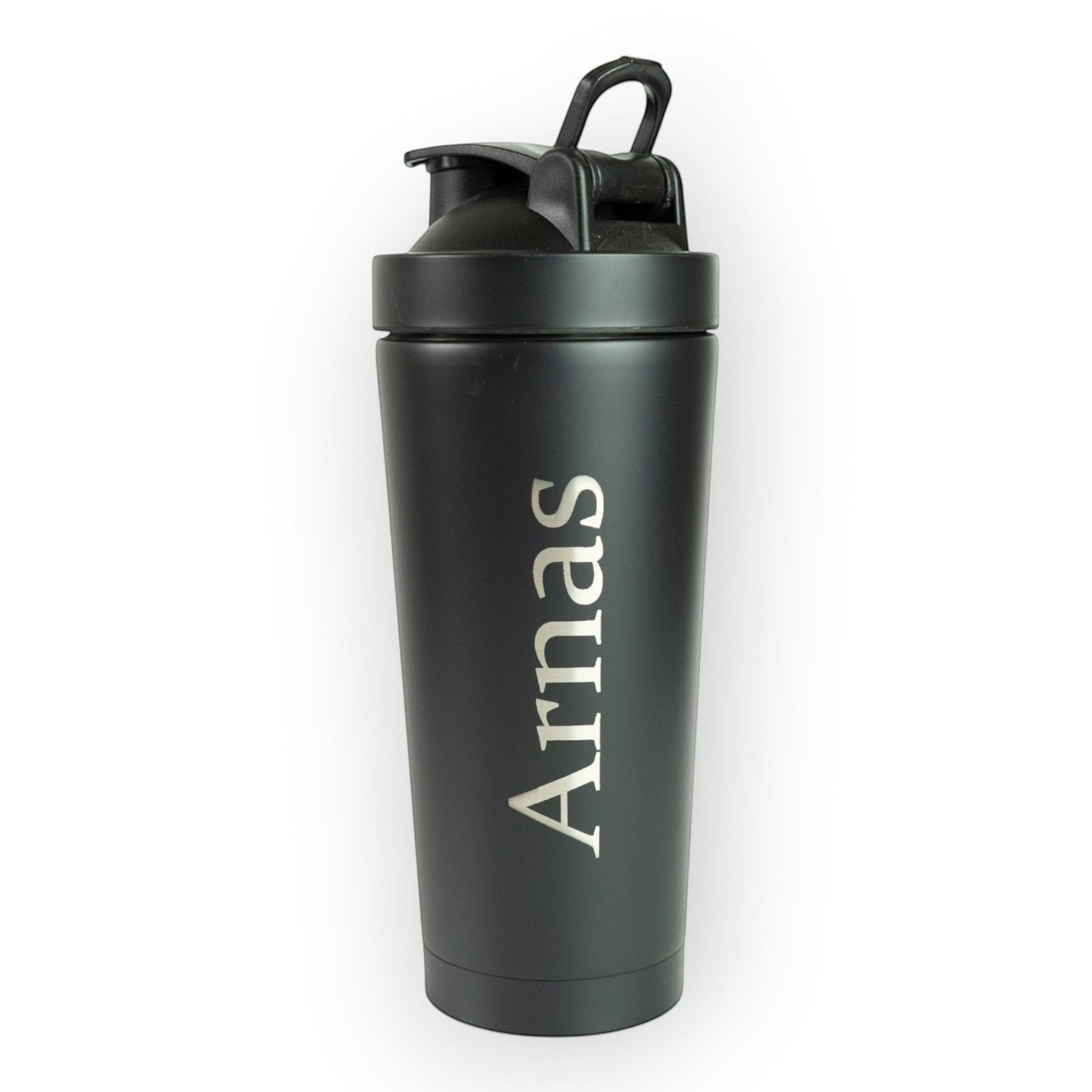 HouseEco black 750ML insulated metal protein shaker with engraved name and leakproof lid.