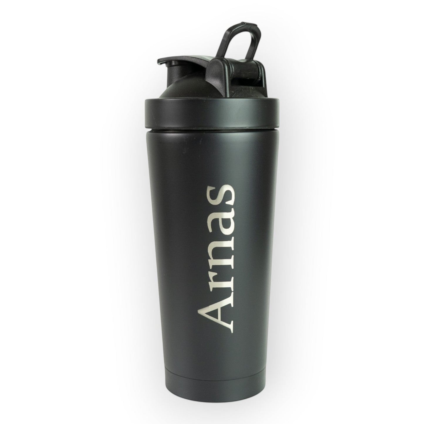 HouseEco black 750ML insulated metal protein shaker with engraved name and carry handle.