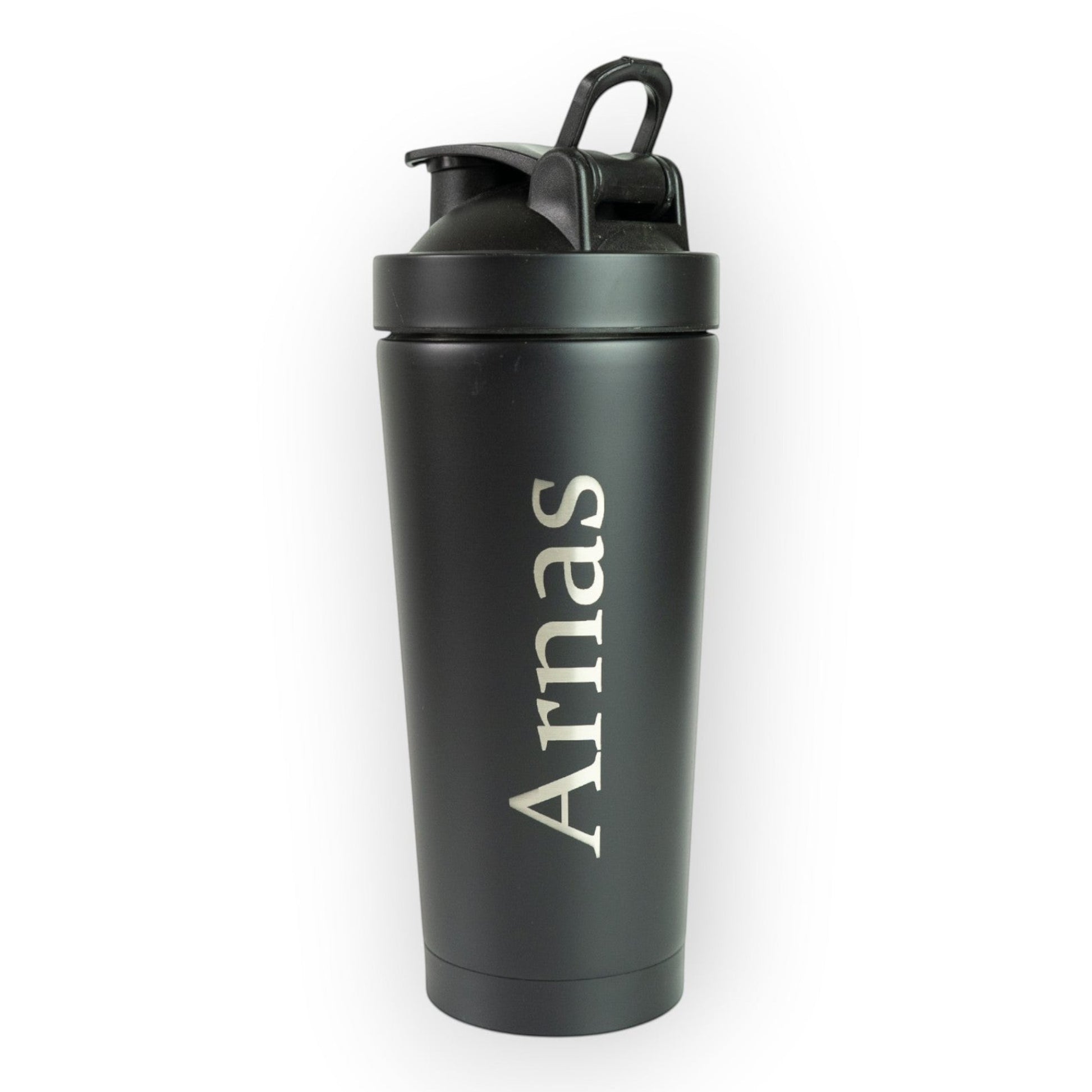 HouseEco black 750ML insulated metal protein shaker with engraved name and carry handle.