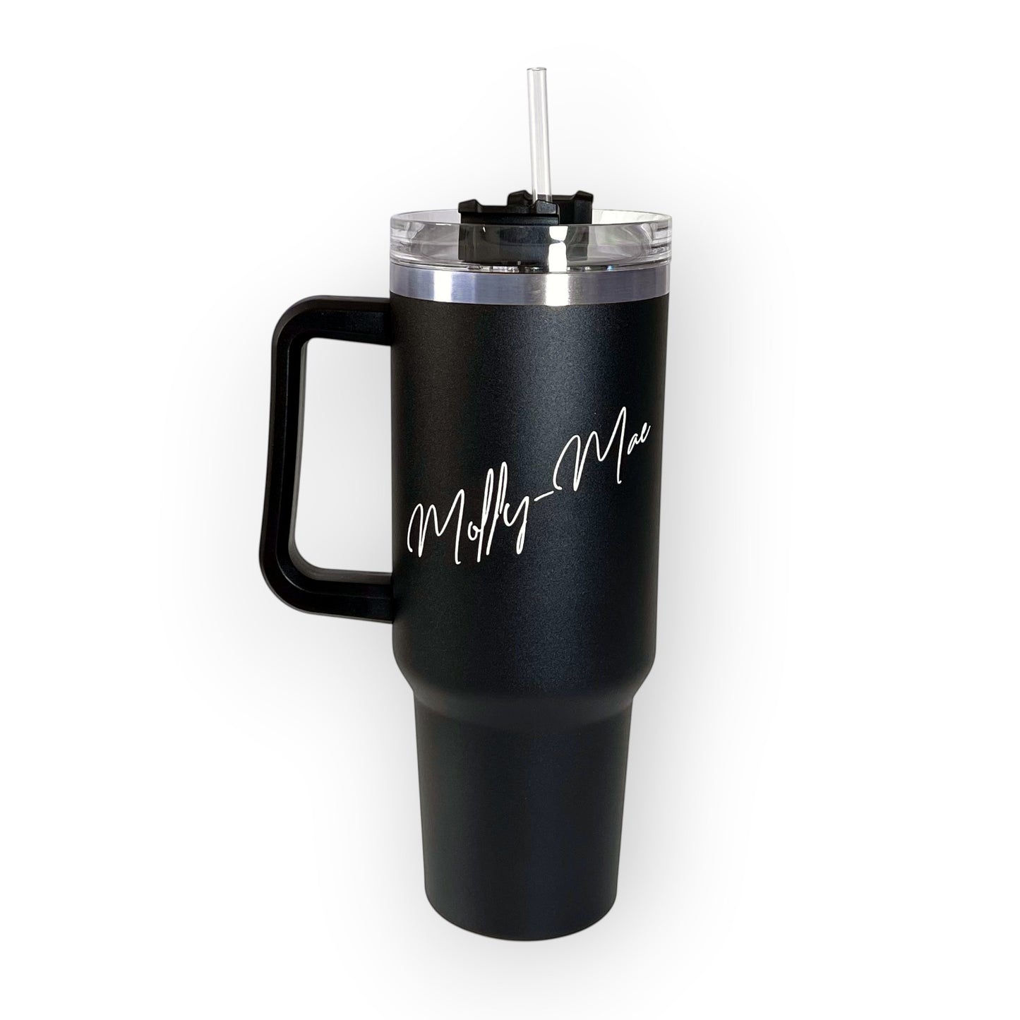 HouseEco black 1.2L insulated travel mug with handle, straw, and personalised name engraving.