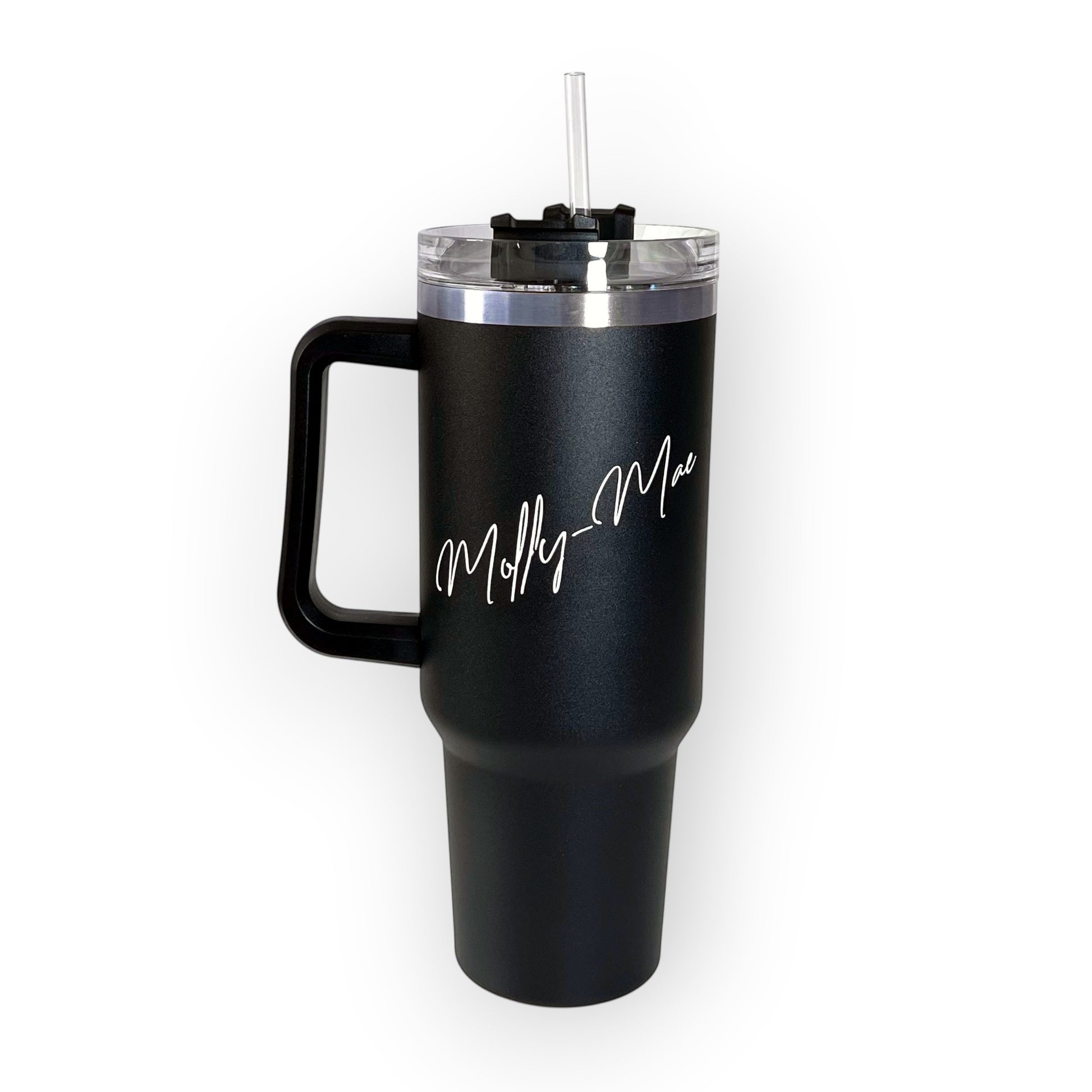 HouseEco black 1.2L insulated travel mug with handle, straw, and personalised name engraving.
