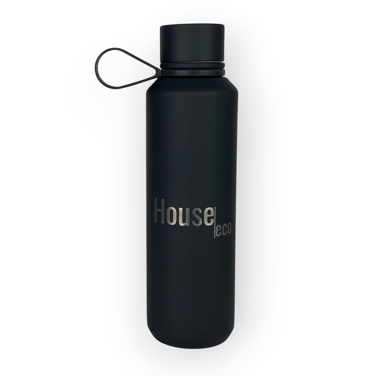 HouseEco black 600ml insulated water bottle with soft-touch finish and silicone carry handle.