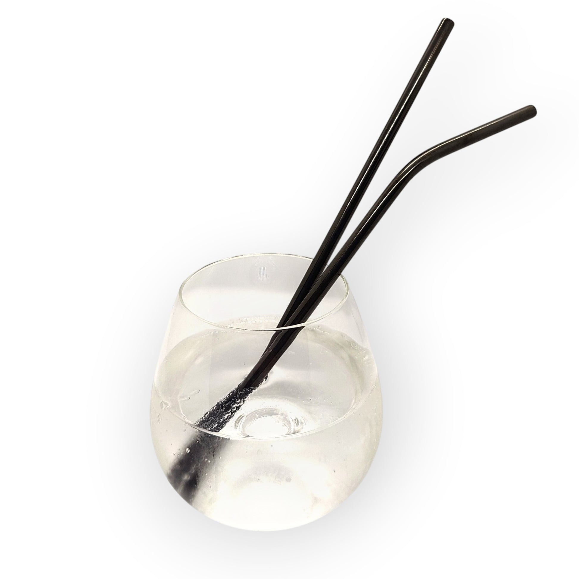 HouseEco set of 4 black stainless steel metal straws, 2 bent and 2 straight, in a glass of water.
