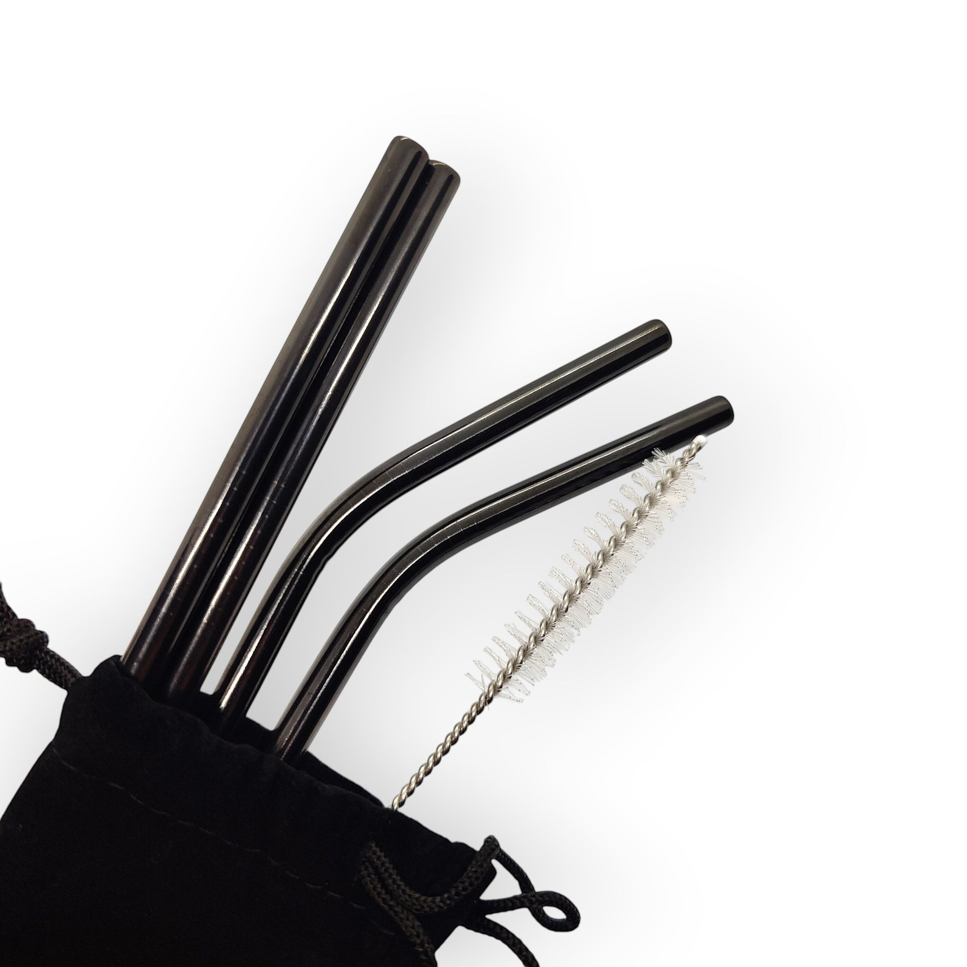 HouseEco set of 4 black stainless steel straws, 2 bent and 2 straight, with cleaning brush and storage bag.