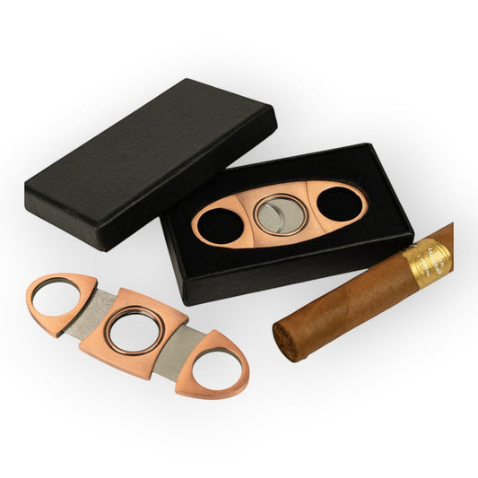 HouseEco stainless steel cigar cutter with copper finish, dual blades, and gift box. Includes one cigar.