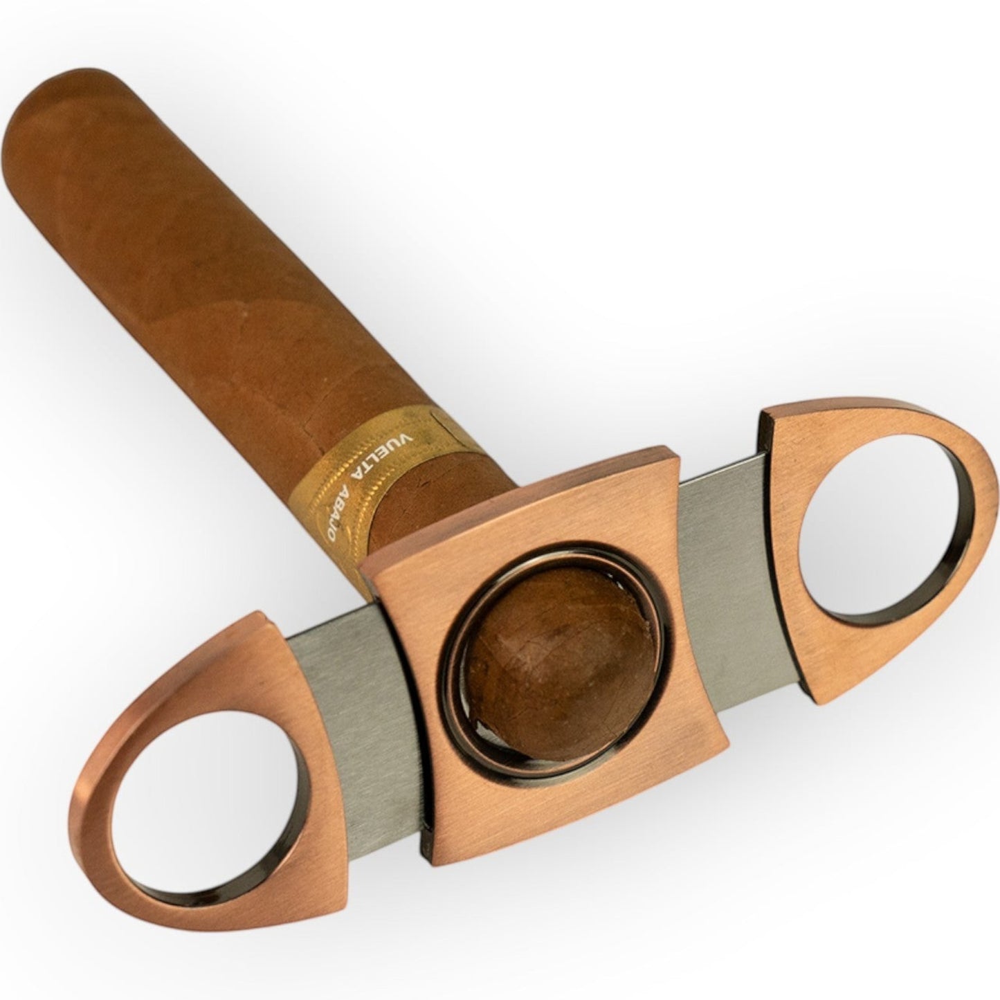 HouseEco stainless steel cigar cutter with copper finish and precision blades, includes gift box.