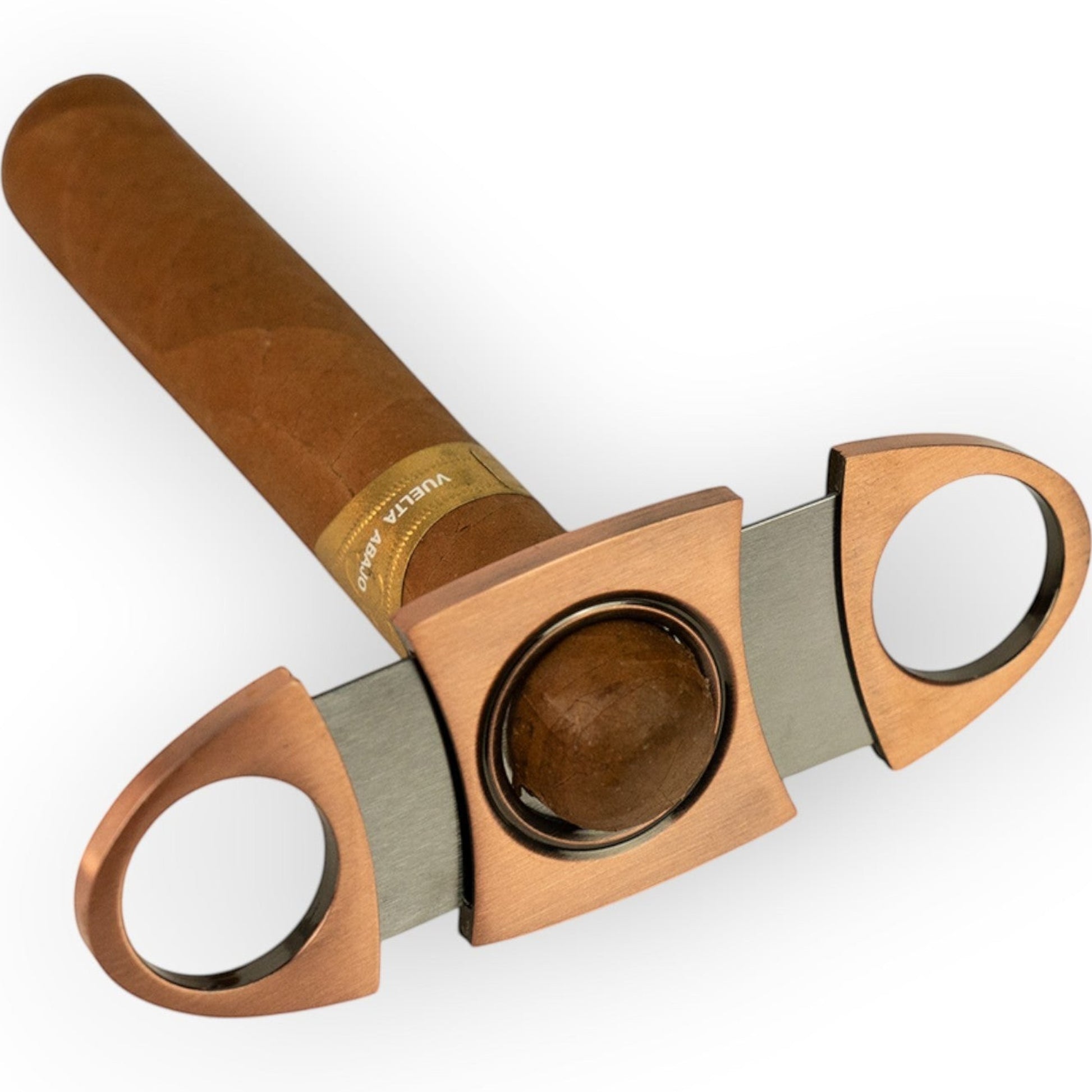 HouseEco stainless steel cigar cutter with copper finish and precision blades, includes gift box.