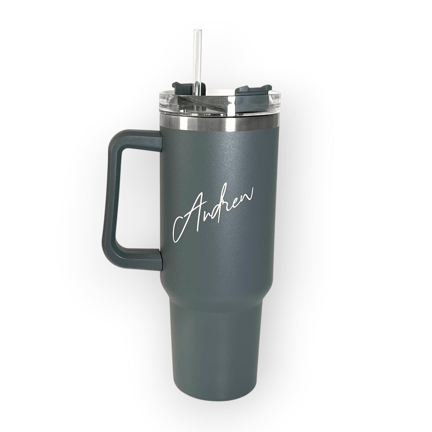 HouseEco dark grey stainless steel insulated travel mug with handle, straw, and personalised name engraving.