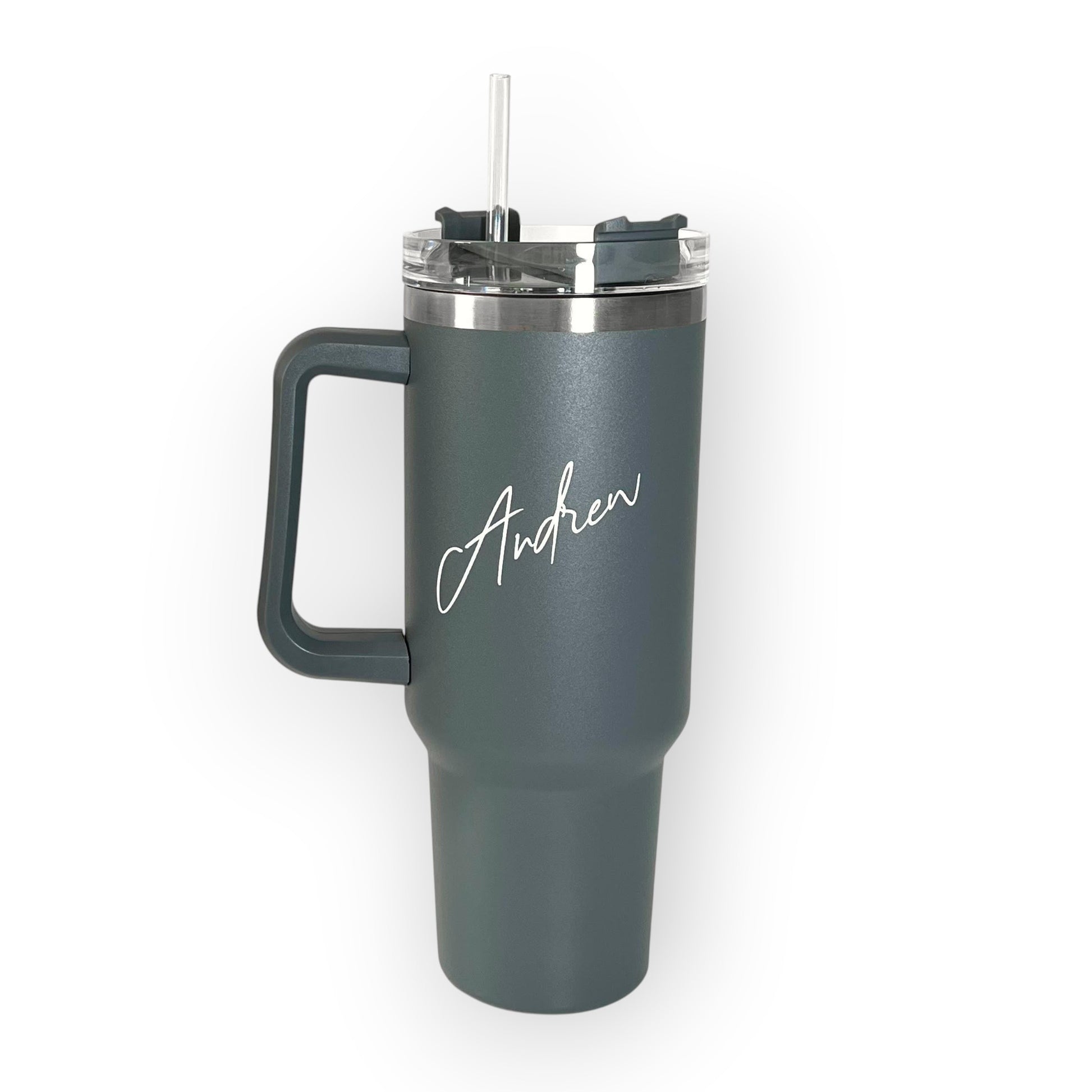 HouseEco dark grey stainless steel insulated travel mug with handle, straw, and personalised name engraving.
