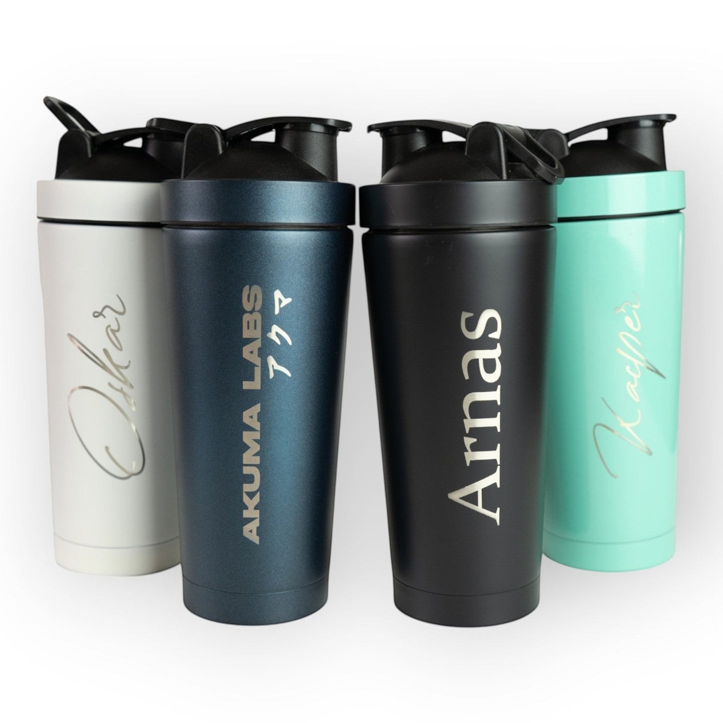 HouseEco engraved insulated 750ml protein shakers in white, teal, black, and navy blue with custom text and carry handles.