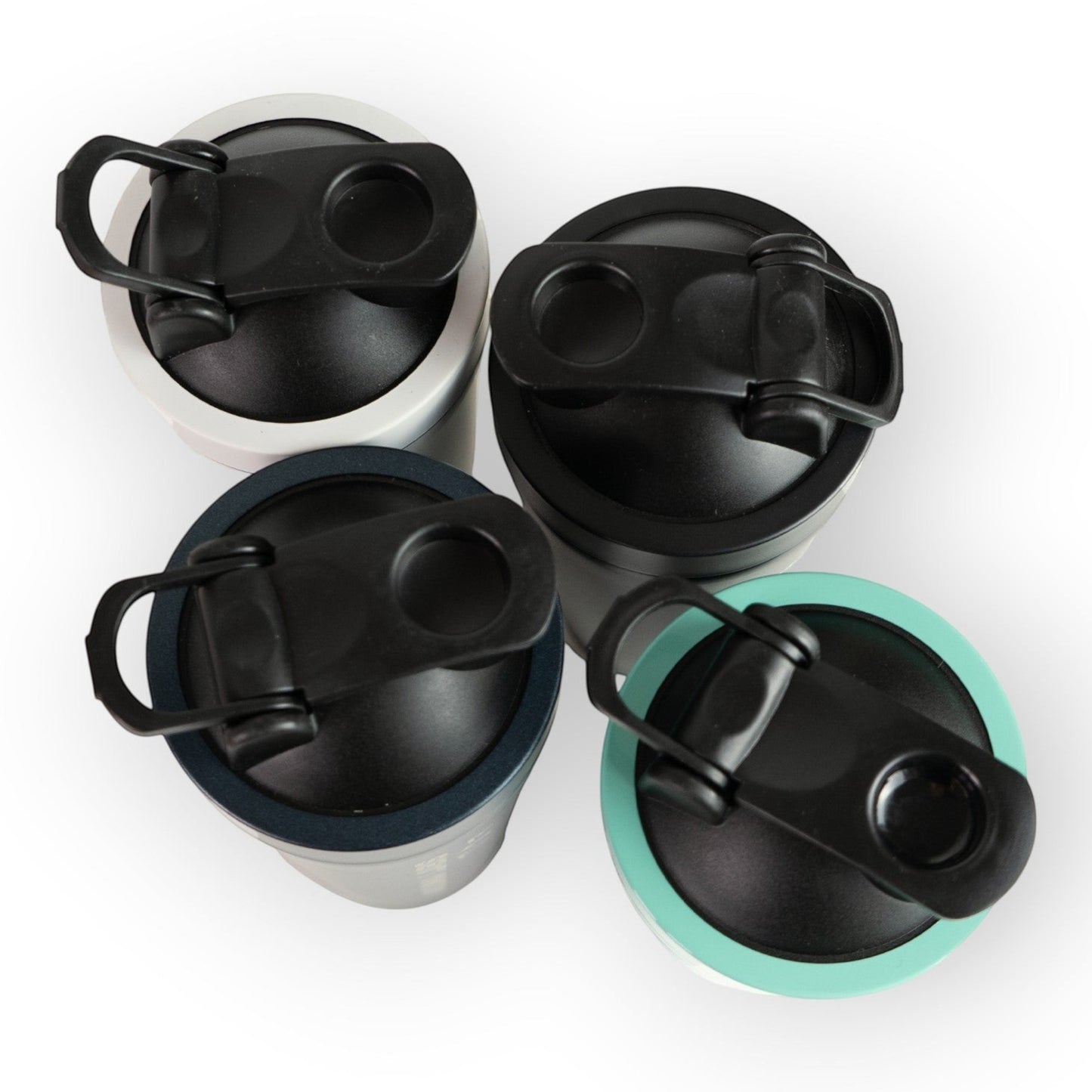 HouseEco engraved insulated protein shakers in white, black, navy, and teal. 750ML gym water bottles with leakproof lids and carry handles.