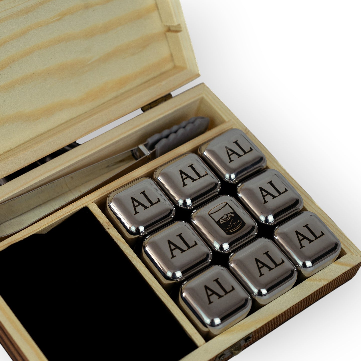 HouseEco personalised whiskey stones set of 9 stainless steel engraved ice cubes with tongs in wooden box.