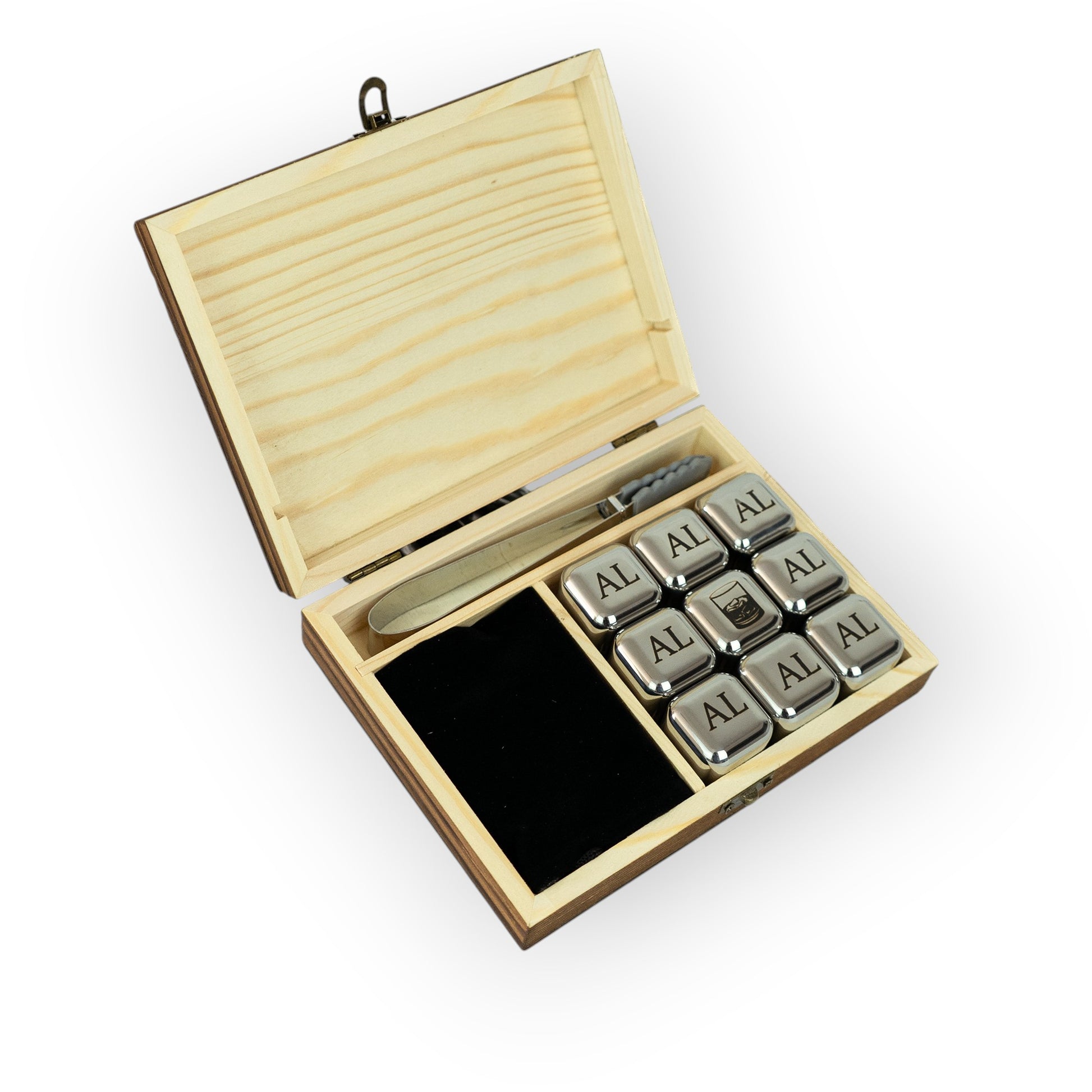 HouseEco personalised whiskey stones set with 9 engraved stainless steel ice cubes and tongs in a wooden box.