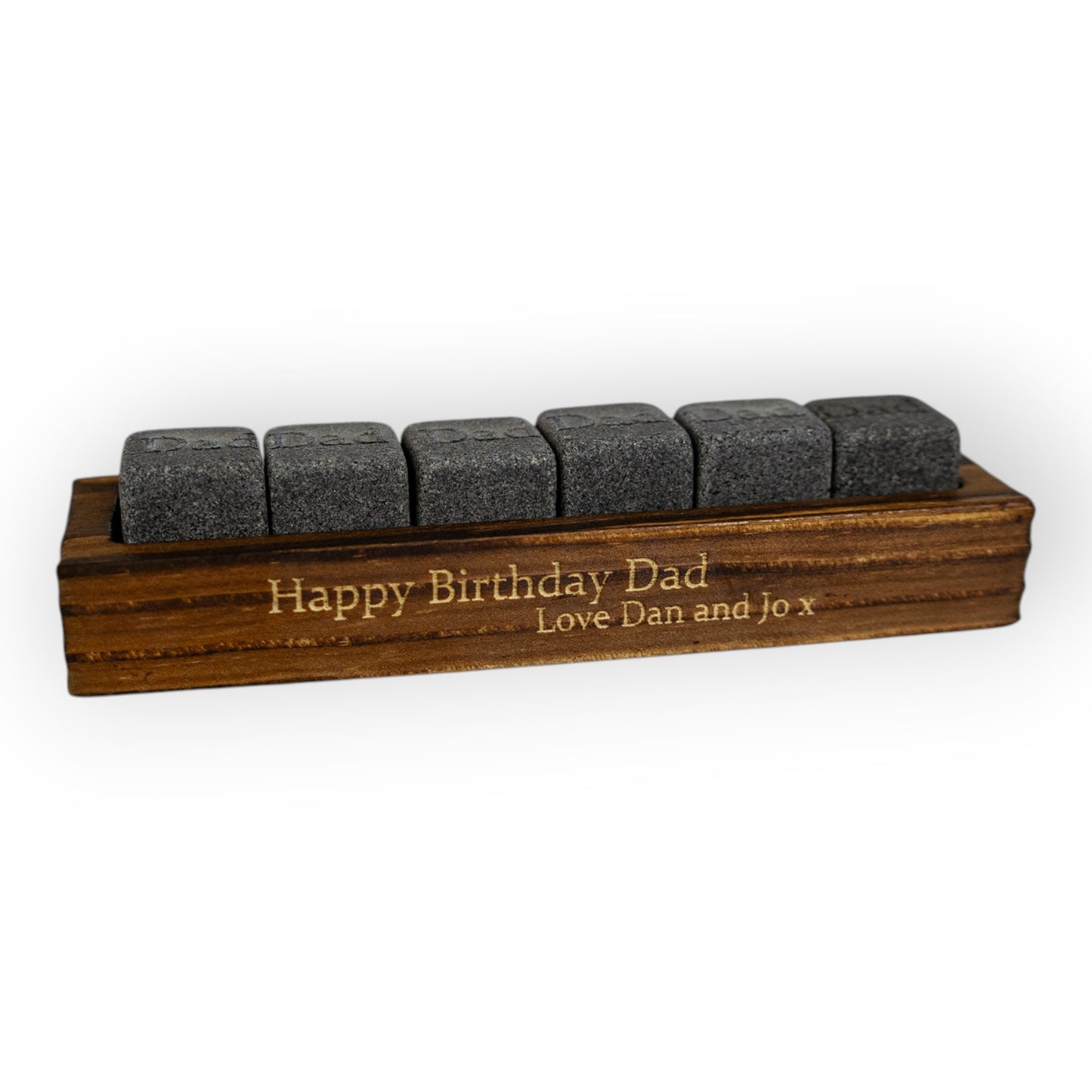 HouseEco personalised granite whiskey stones set with engraved wooden base, Happy Birthday Dad message.