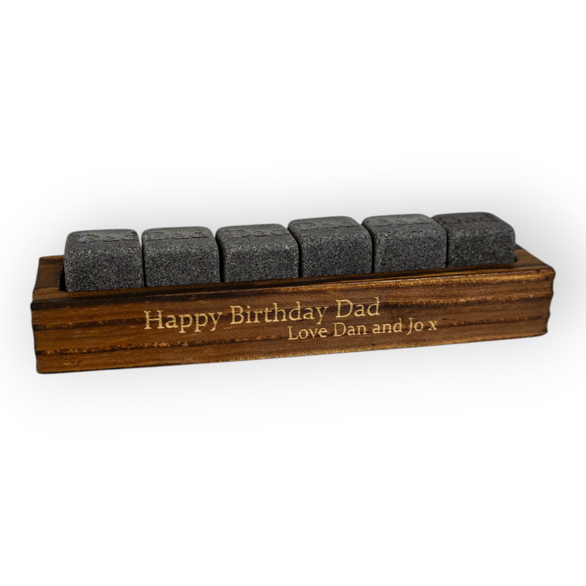 HouseEco personalised granite whiskey stones set with engraved wooden base, Happy Birthday Dad message.