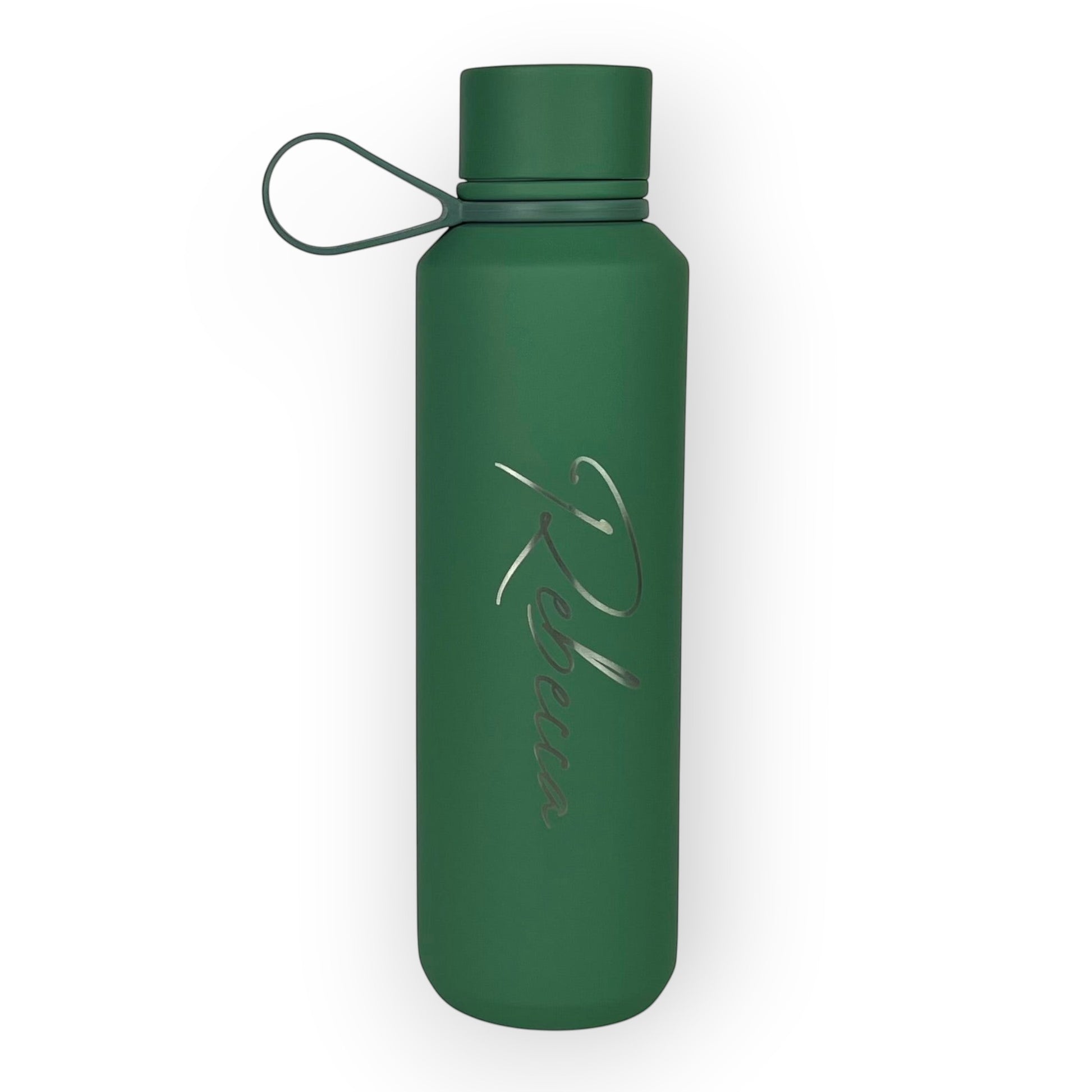 HouseEco 600ml green insulated water bottle with soft-touch finish and silicone carry handle, personalised with silver script.