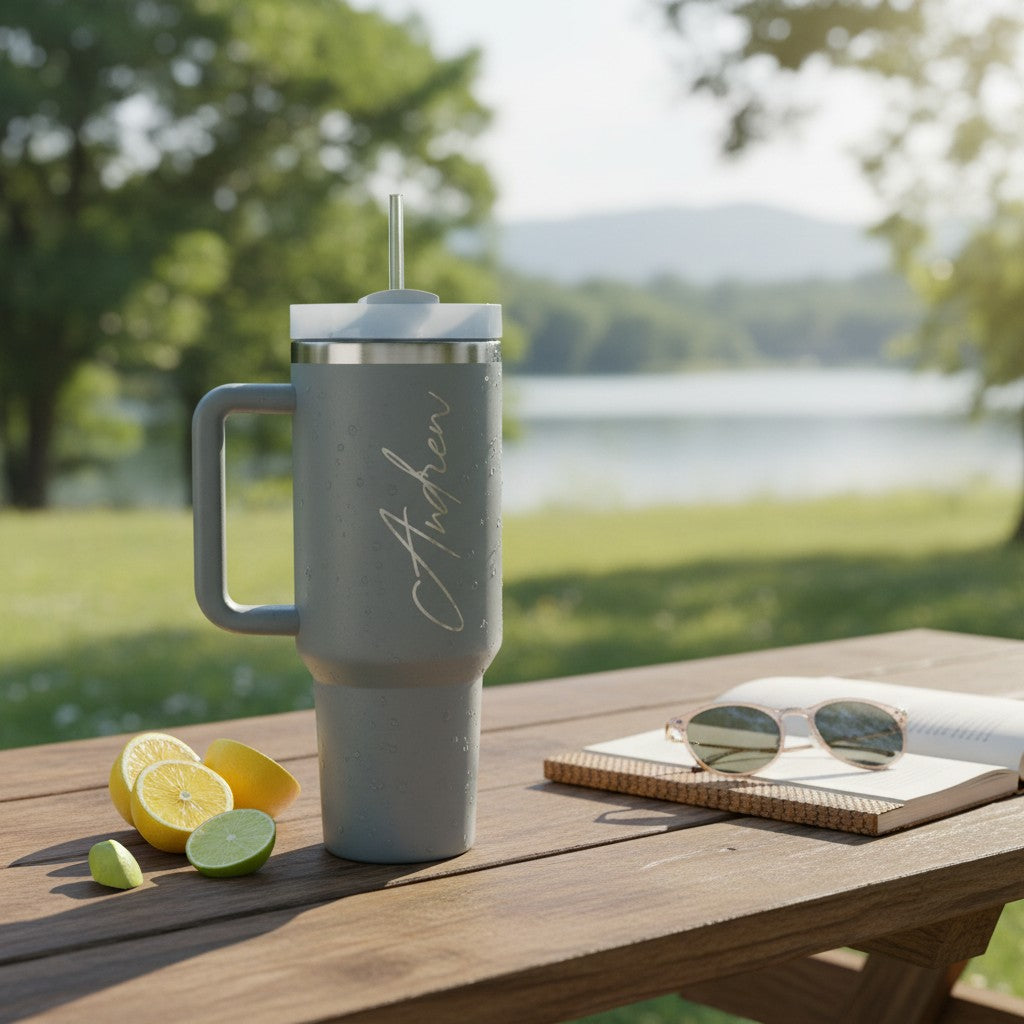HouseEco grey stainless steel 1.2L travel mug with handle, straw, and personalised name engraving.