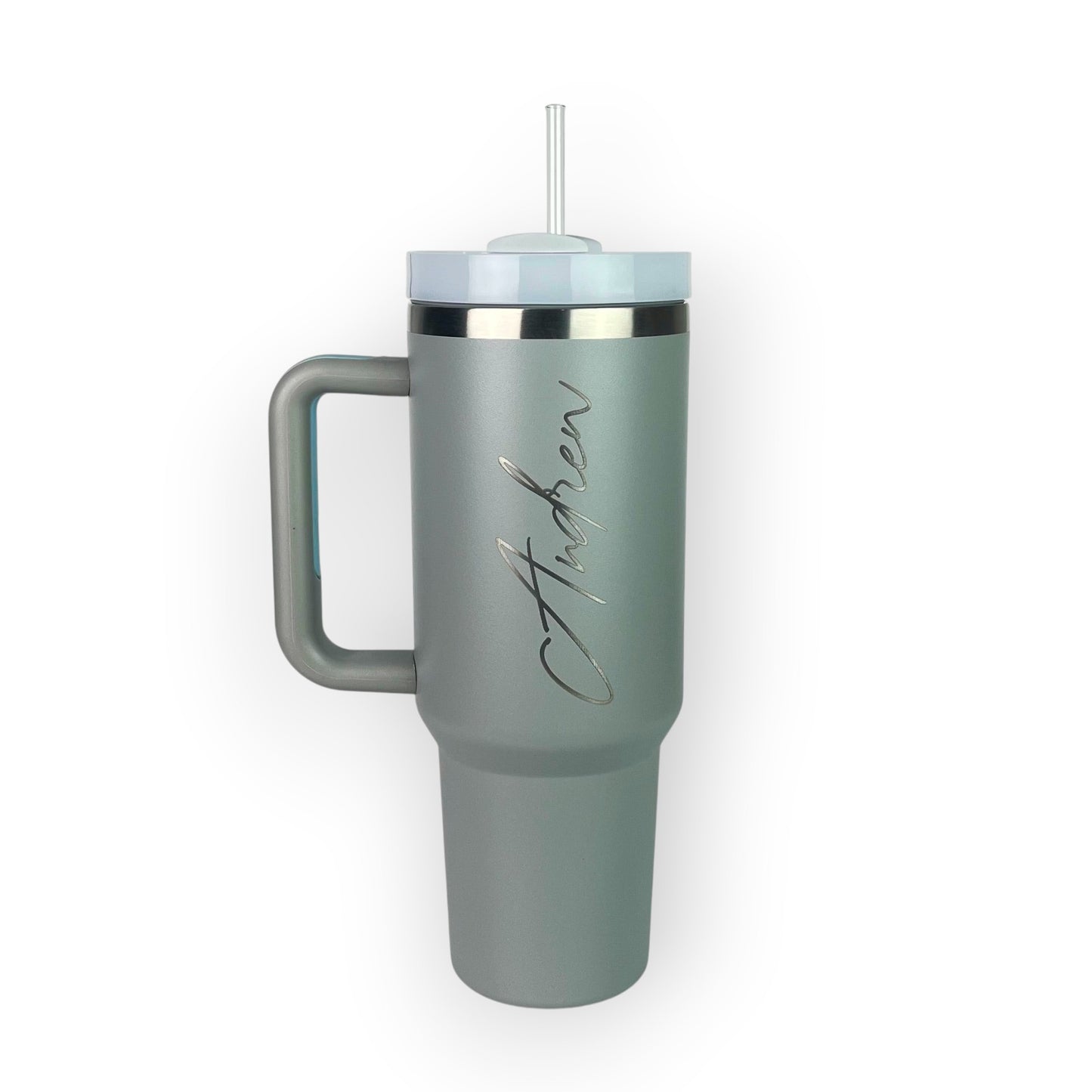 HouseEco grey stainless steel 1.2L travel mug with handle, straw, and personalised name engraving.