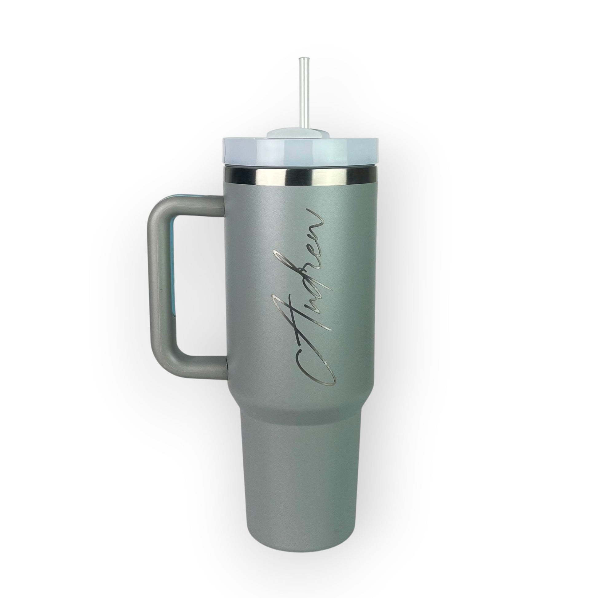 HouseEco grey stainless steel 1.2L travel mug with handle, straw, and personalised name engraving.